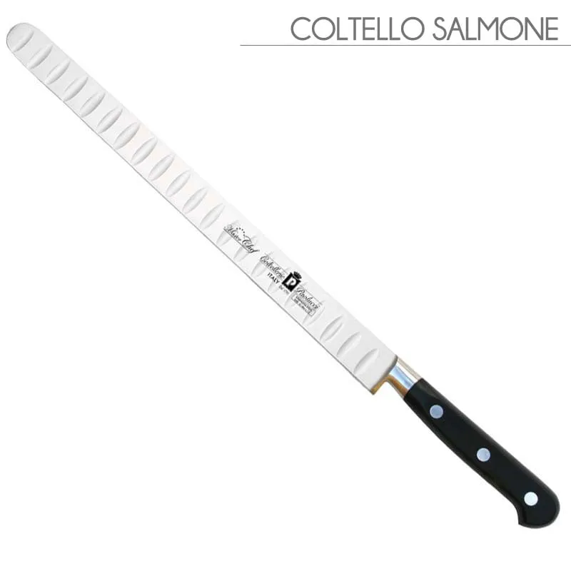 Coltello salmone forgiato Manici in POM per alimenti. colore nero. resistente in lavastoviglie.