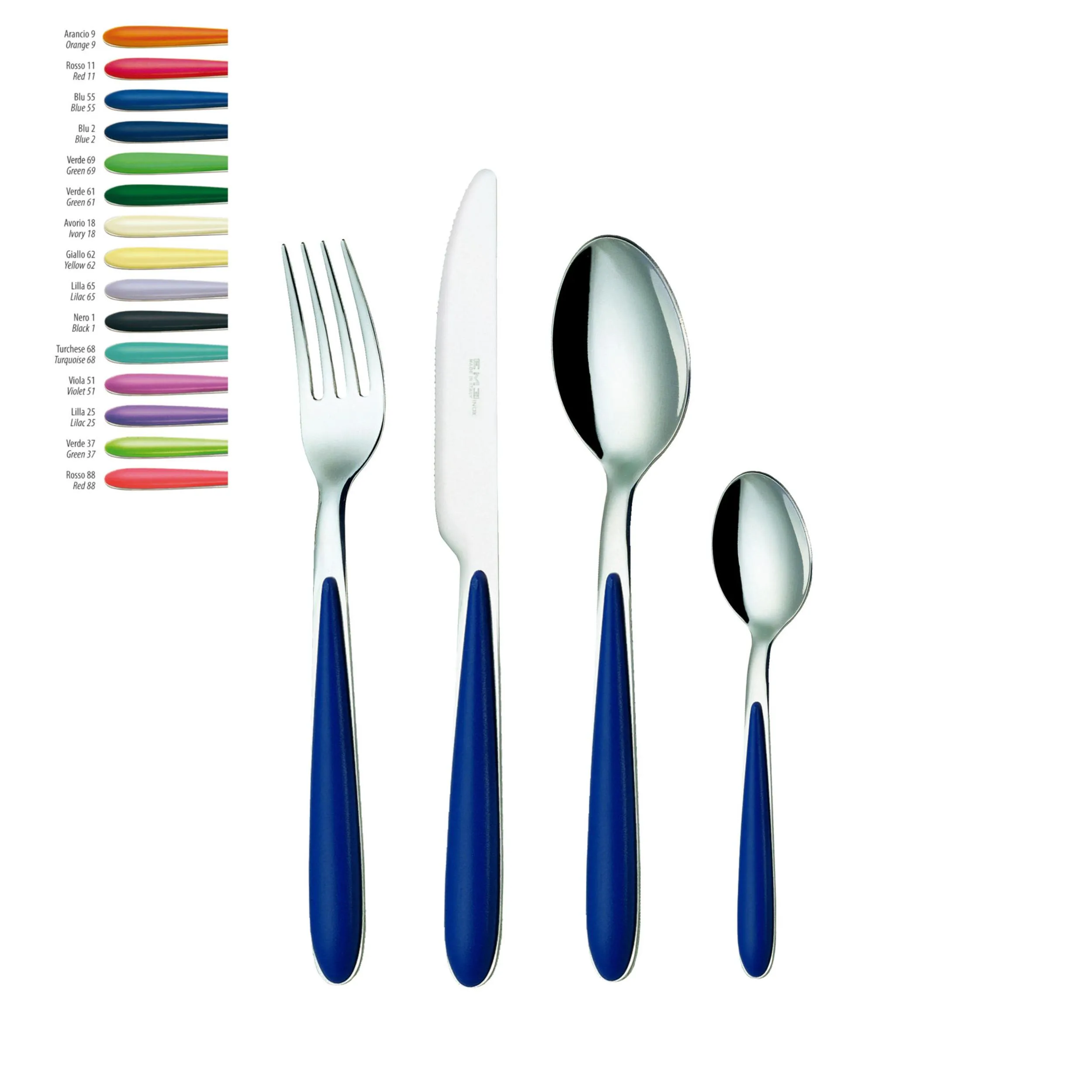 Set posate colorate set 4 pezzi CARIBE 1 Coltello 1 Forchetta 1 Cucchiaio 1 Cucchiano caffe in acciaio 18c