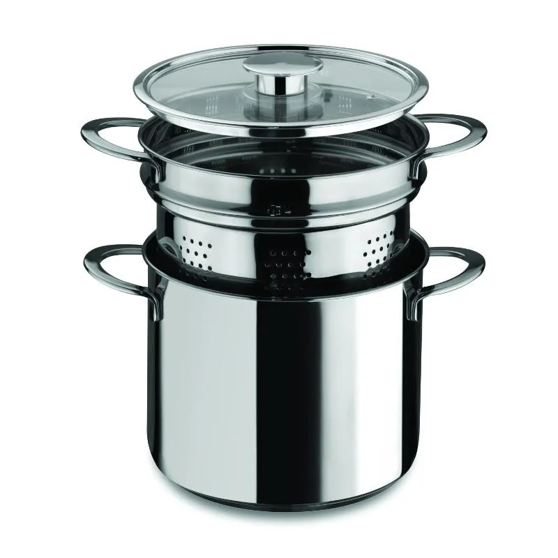 Cuocipasta, pastaiola acciaio inox 18/10 con Coperchio vetro pyrex linea GOURMET cm 22