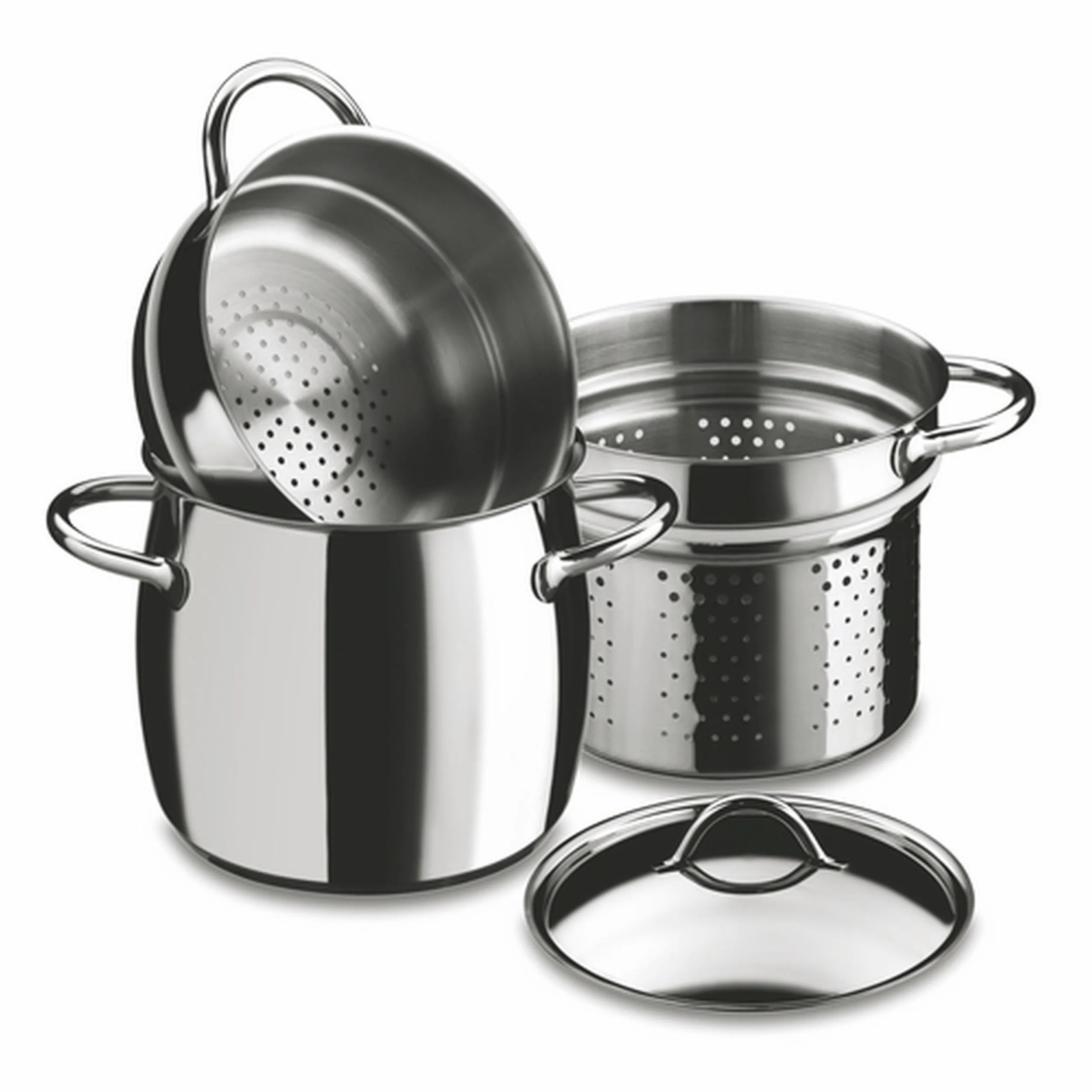 Pentola Mepra in acciaio inox 18/10 linea 1950 Tuttofare diametro 22 cm 4 pezzi con coperchio in acciaio , cuocipasta , cuocivapore inox lucido