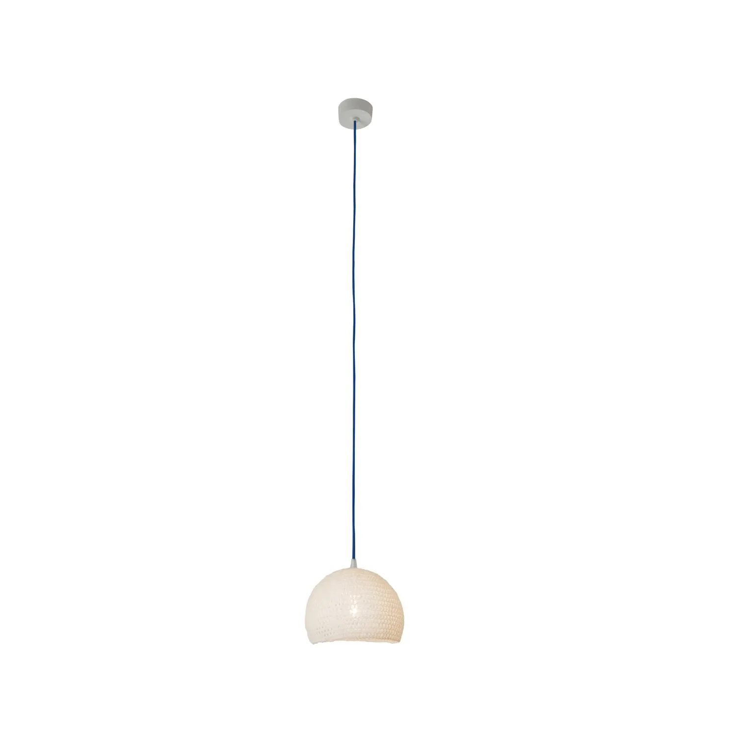 Lampada da Soffitto Trama 1 colore bianco Altezza 16 cm Diametro 21 cm, realizzata in laprene, viscosa, resina, lana 100% cavo blu