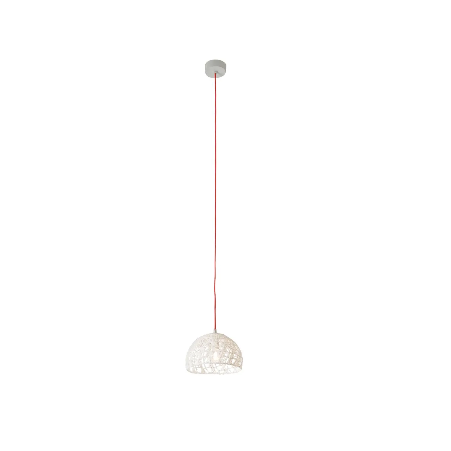 Lampada da Soffitto Trama 2 colore bianco Altezza 14 cm Diametro 21 cm, realizzata in laprene, viscosa, resina, lana 100% cavo rosso