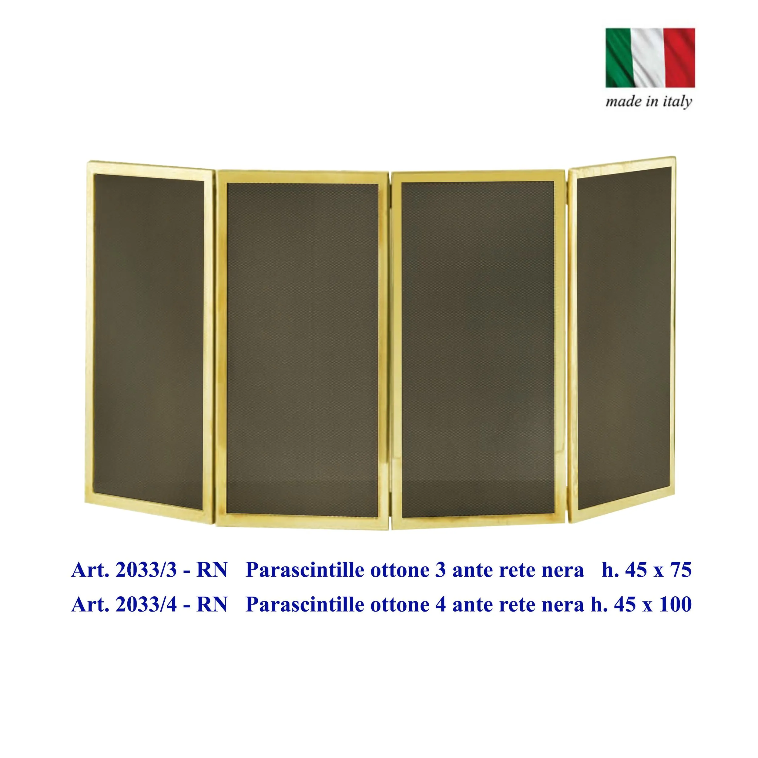 Parascintille per camino 4 ante in Ottone 100xh45 cm lavorazione artigianale in ottone pieno stile classico, rete nera