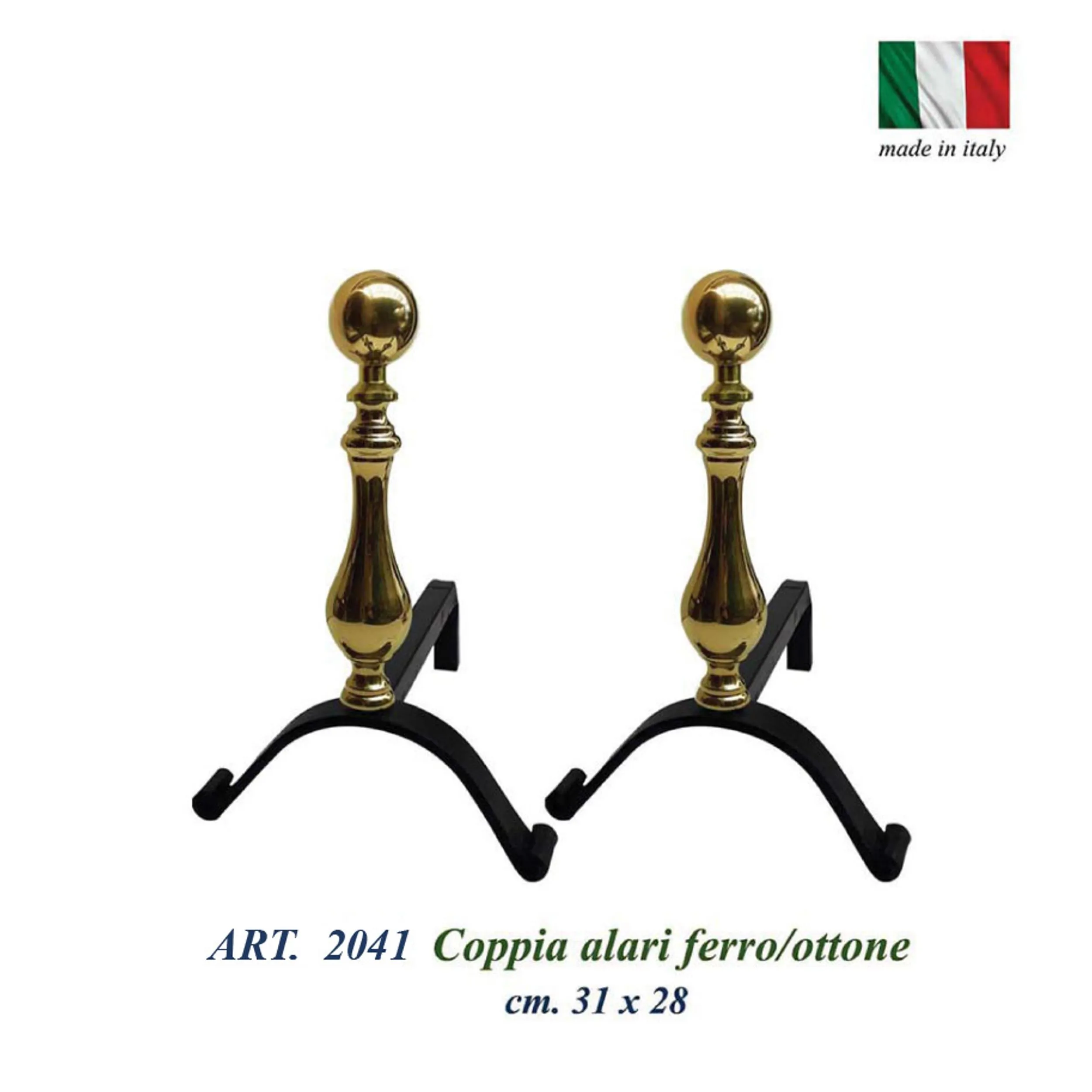 Alari per camino, coppia in ferro battuto e Ottone 31xh28 cm lavorazione artigianale in ottone pieno stile classico