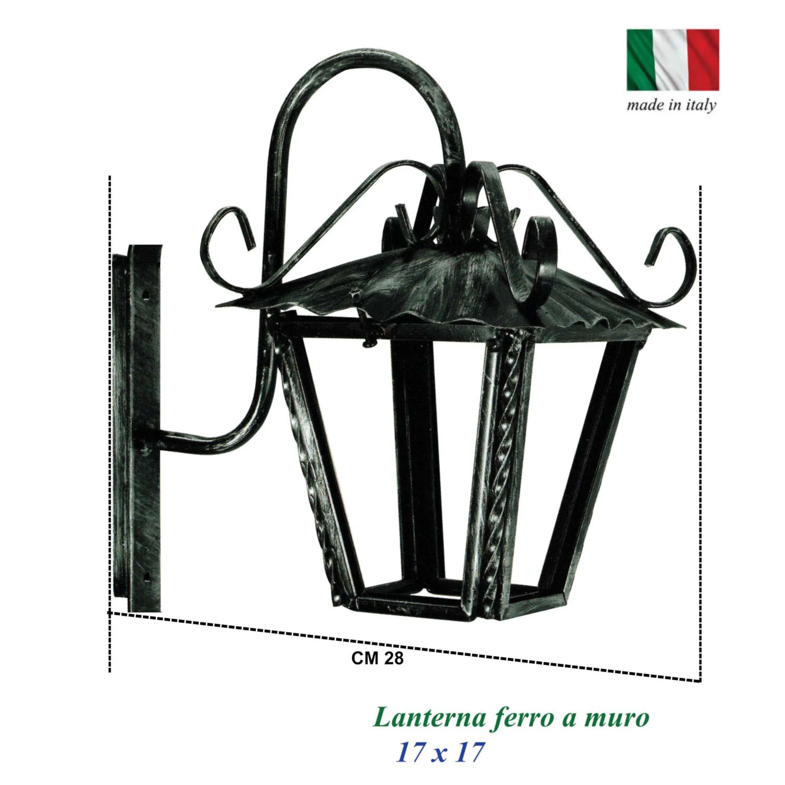 Lanterna con Braccio In ferro Battuto 17x17xh 30 cm - Attacco Lampada E 27 interno esterno con vetri e impianto colore nero