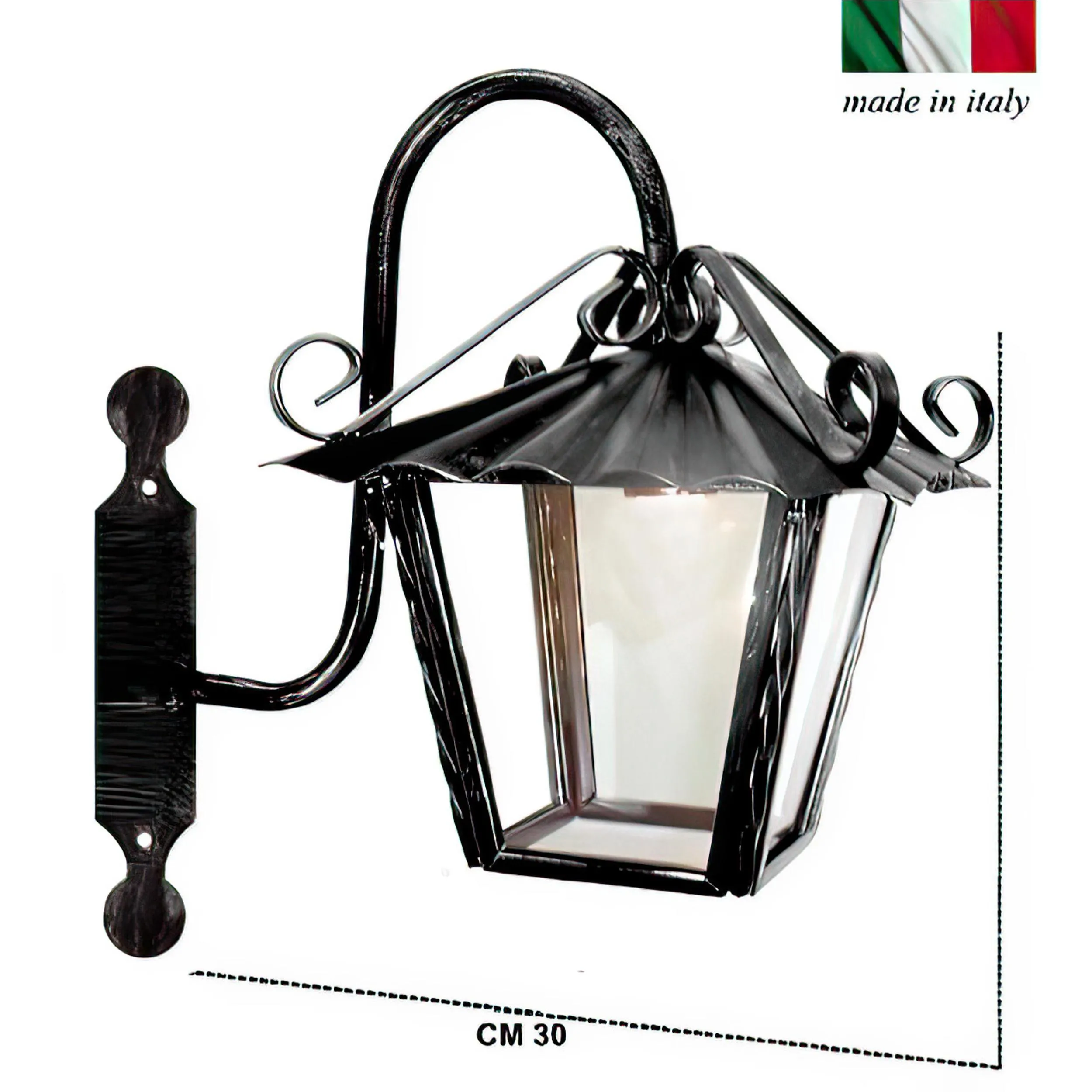 Lanterna con Braccio In ferro Battuto 20x20xh 30 cm - Attacco Lampada E 27 interno esterno con vetri e impianto colore nero