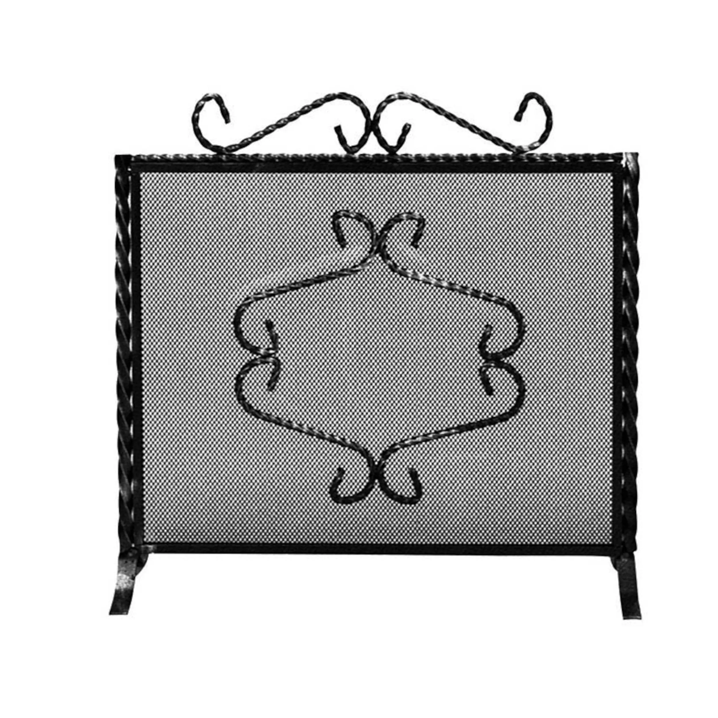 Parascintille per camino in ferro battuto forgiato a mano 64xh50 cm - anta unica con cerniera lavorazione artigianale stile classico, rete nera