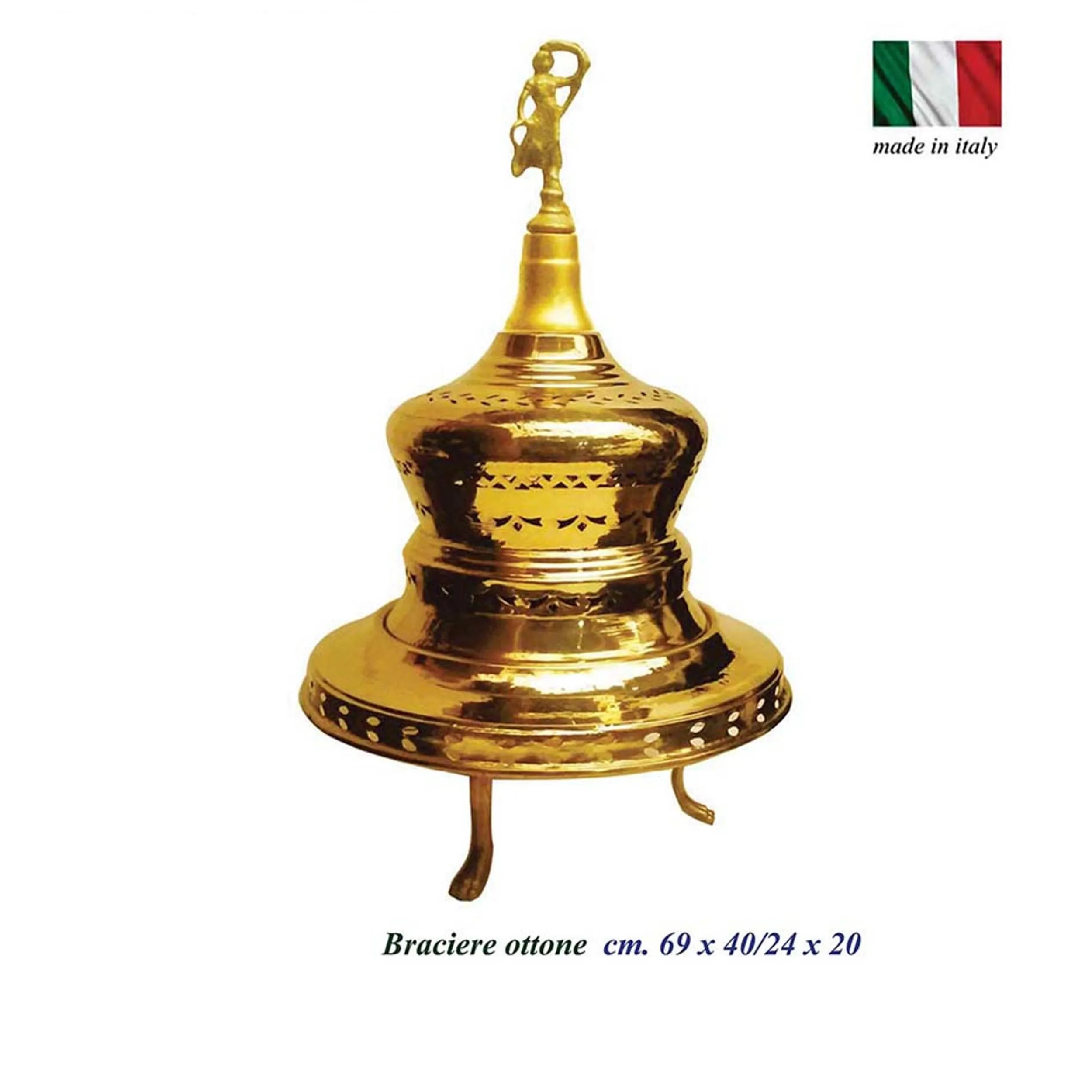 Braciere in Ottone con cupola cesellato diametro 40xh70 cm composto da tre parti lavorazione artigianale con piedi in ottone