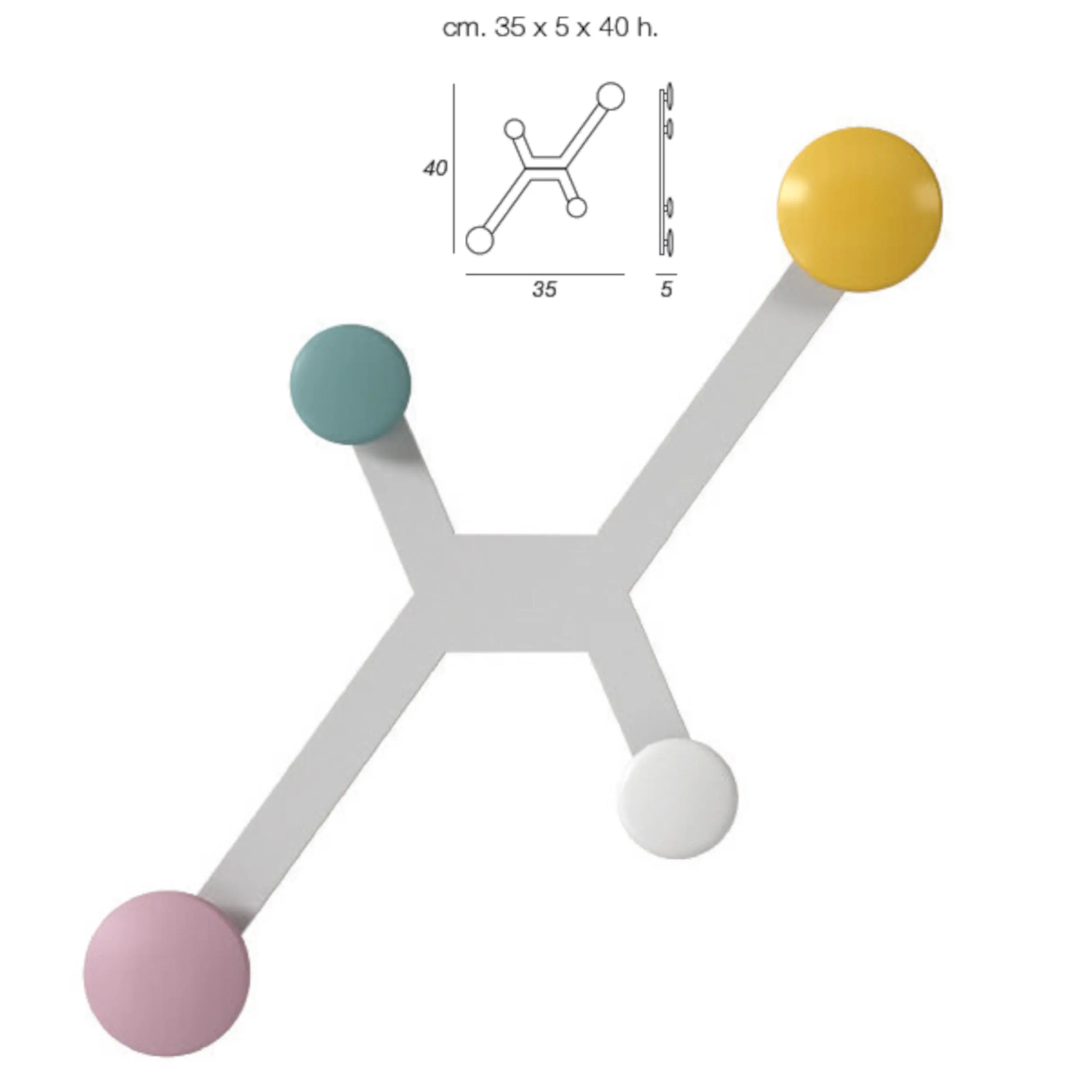 Appendino da parete Spyder struttura in metallo a X dotata di 4 pomelli 35x5xh40 cm in struttura laccata bianco pomelli colorati