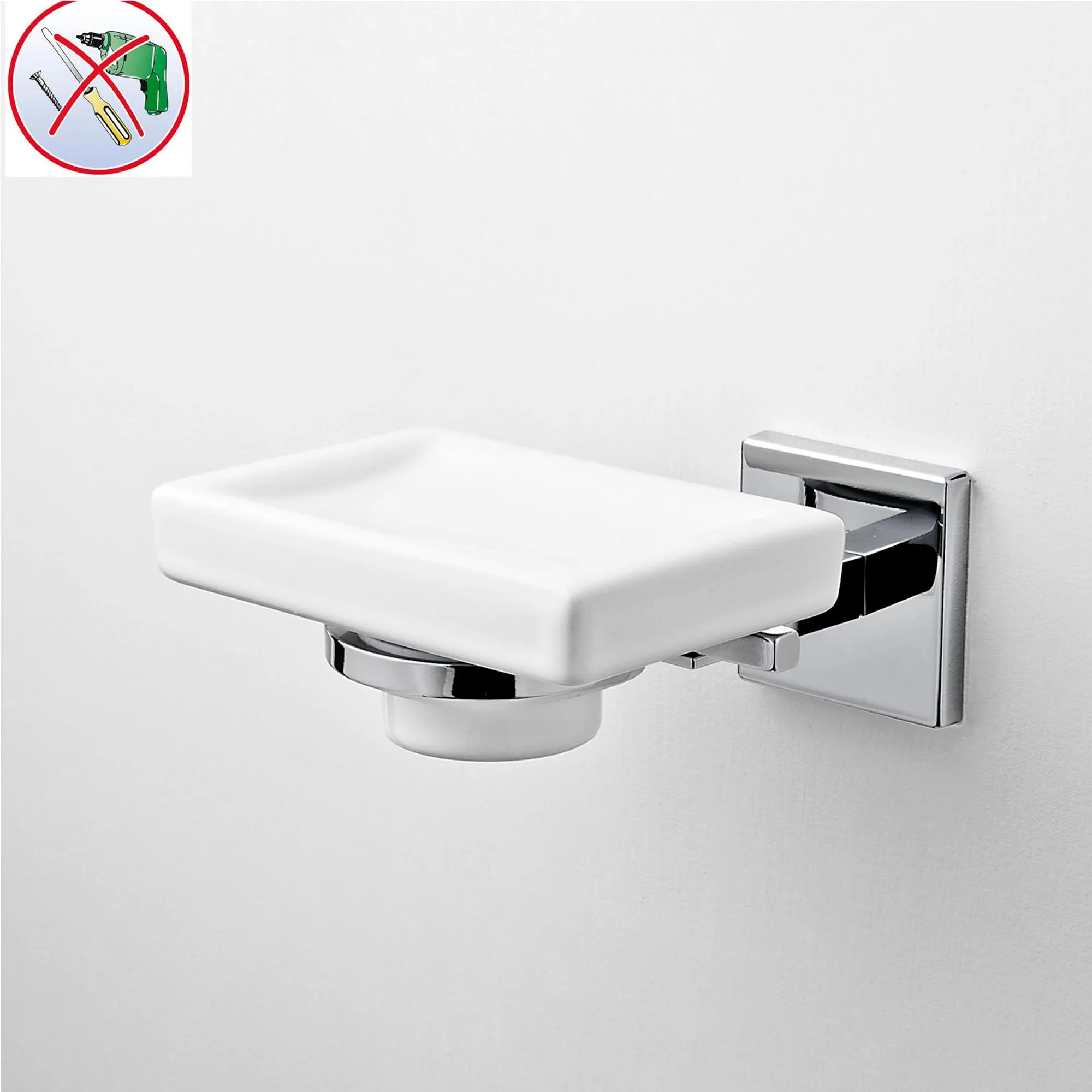 Porta sapone singolo in Ceramica Fissaggio Adesivo Forte 3 M, Plano 12,5x12,5xh6,5 cm fissaggio ad incollo bagno galvanico di oltre 22 micron inalterabile nel tempo