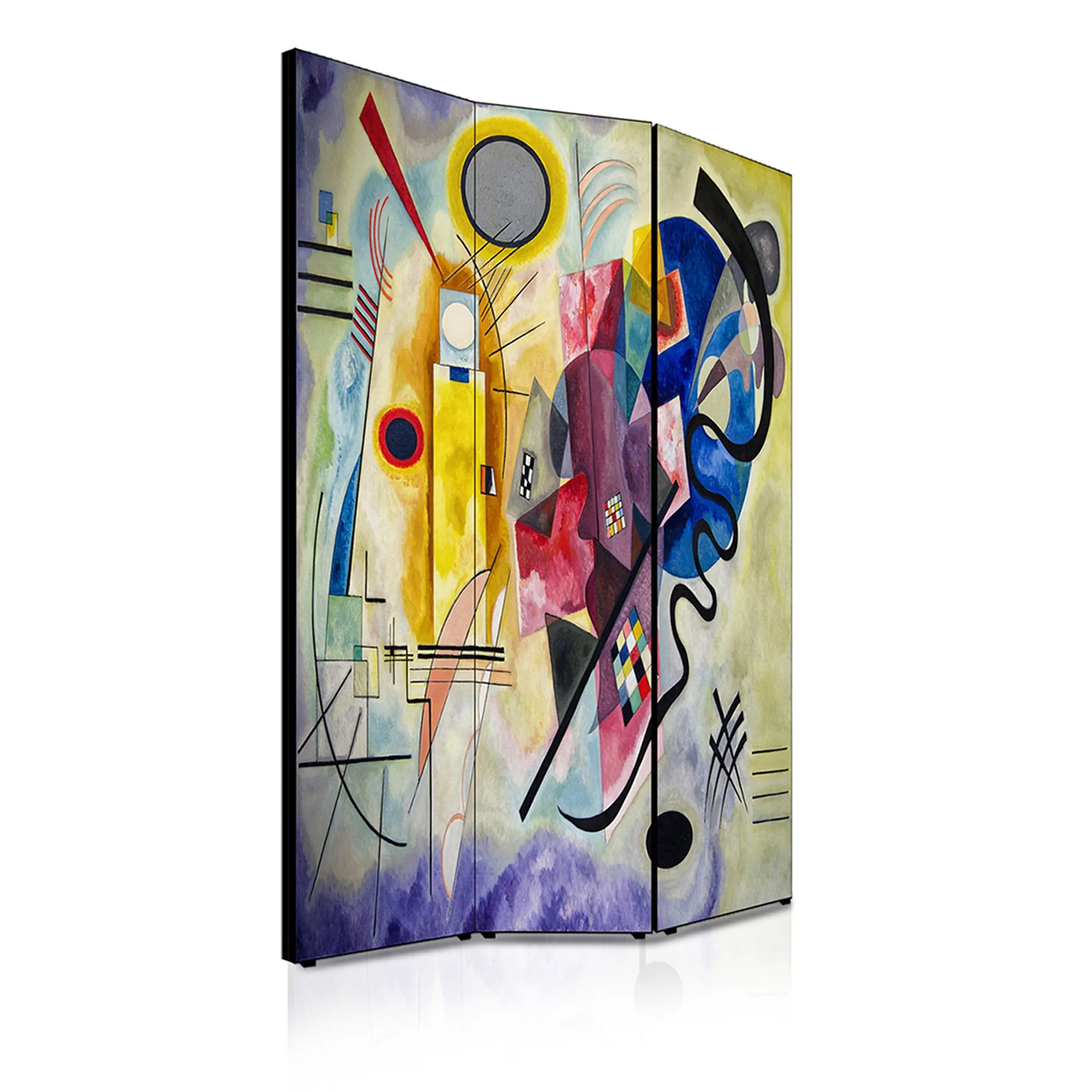 Separé Bifacciale artistico su tela 135x3,2xh176 cm Kandinski Giallo Rosso Blu in legno multicolore eseguito a mano in Italia