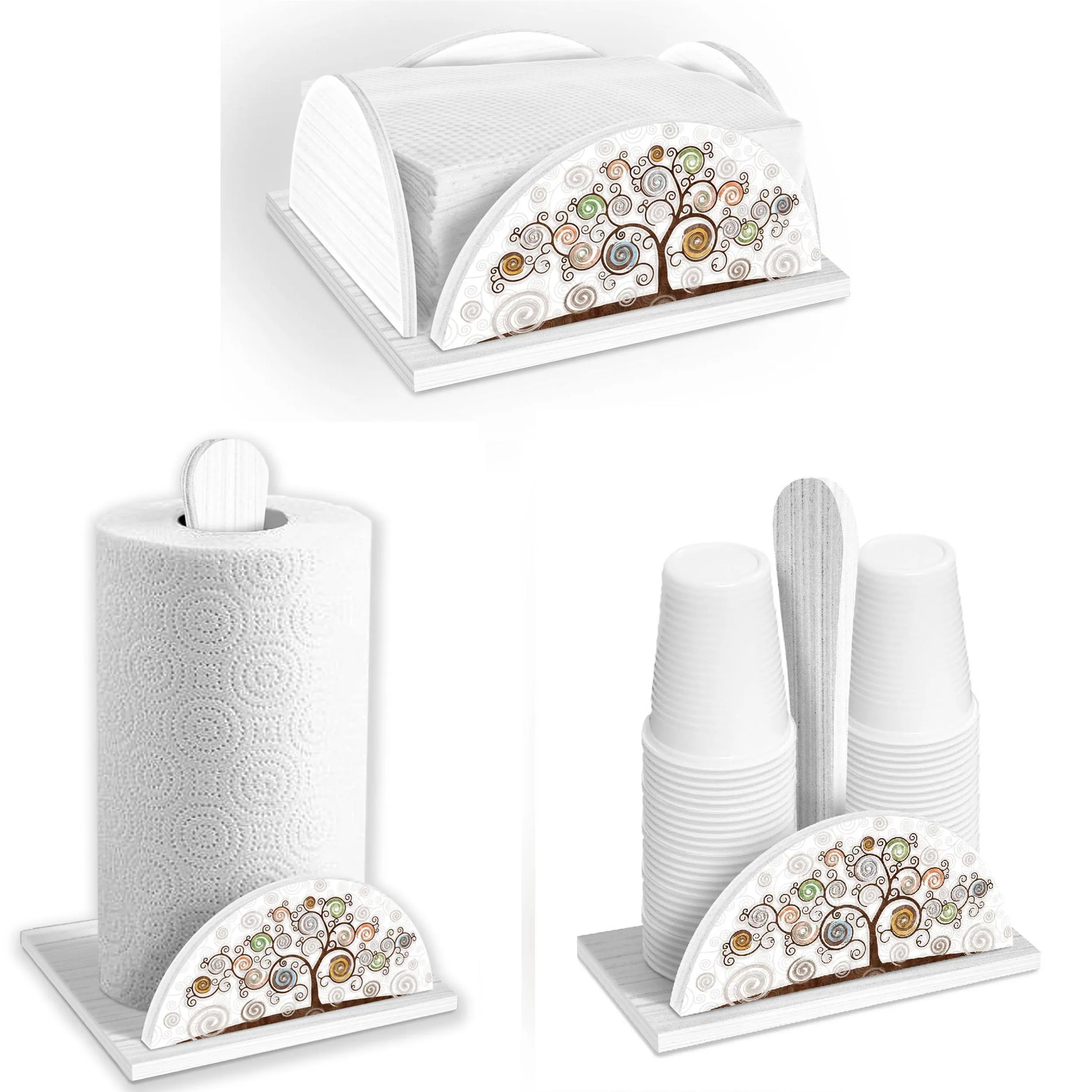 Set 3 pezzi Porta bicchieri, Portatovaglioli, Porta scottex in legno decorato WHITE TREE WHITE