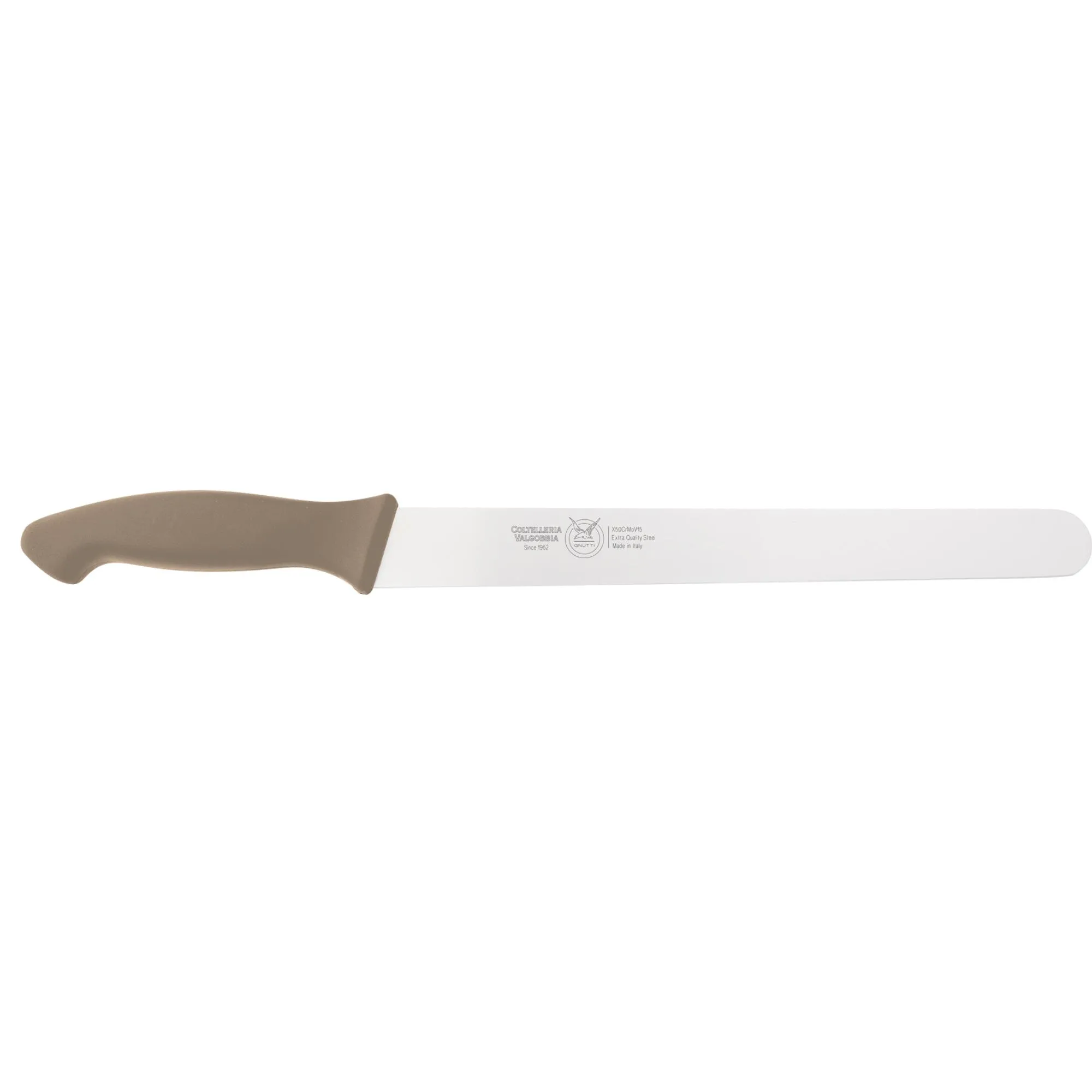 coltello salumi cm 26, colore tortora, manico in gomma termoplastica