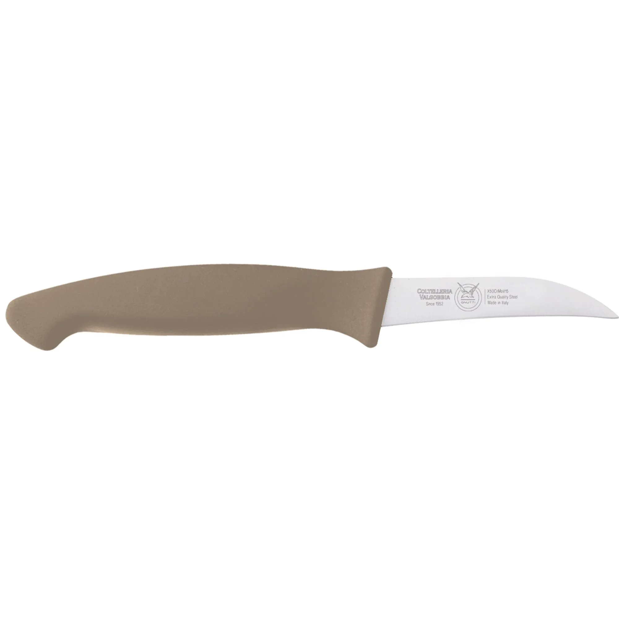 coltello cucina verdura curvo cm 7, colore tortora, manico in gomma termoplastica