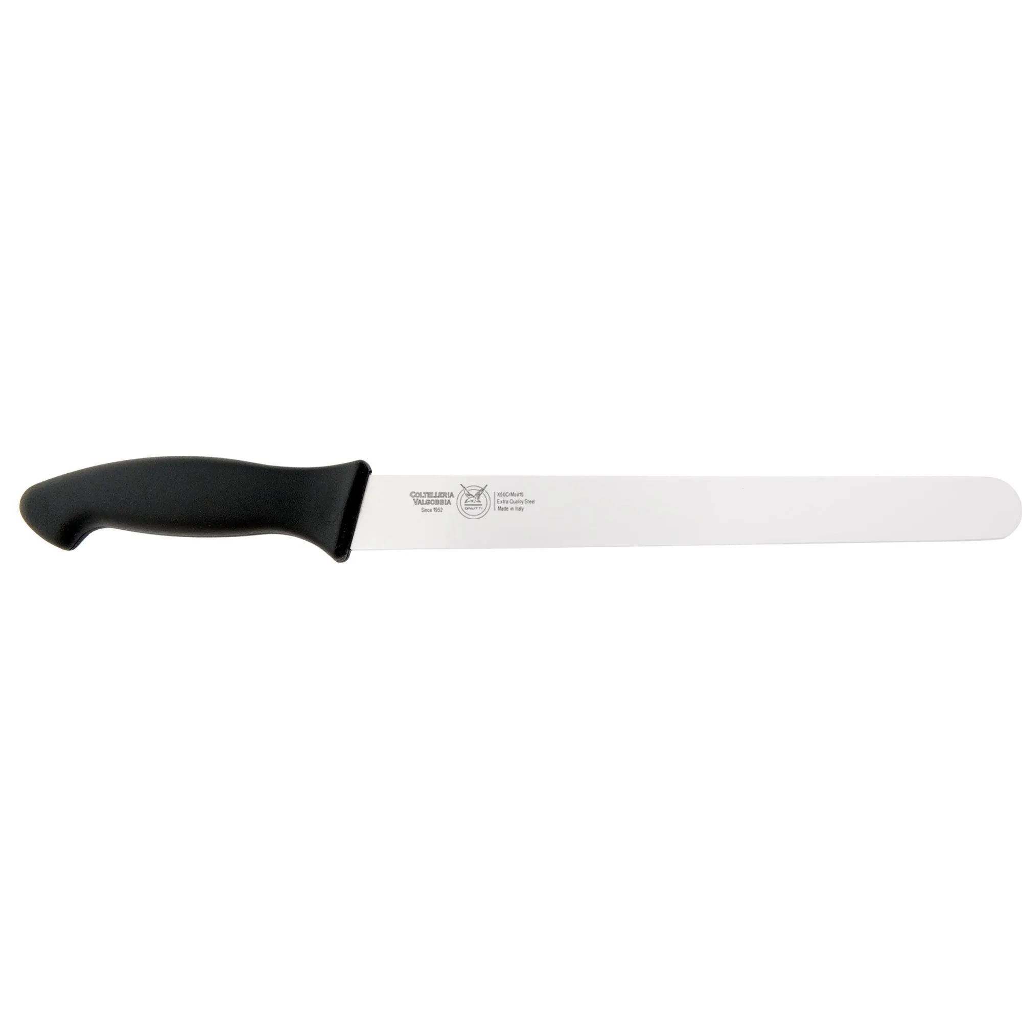 coltello salumi cm 26, colore nero , manico in gomma termoplastica