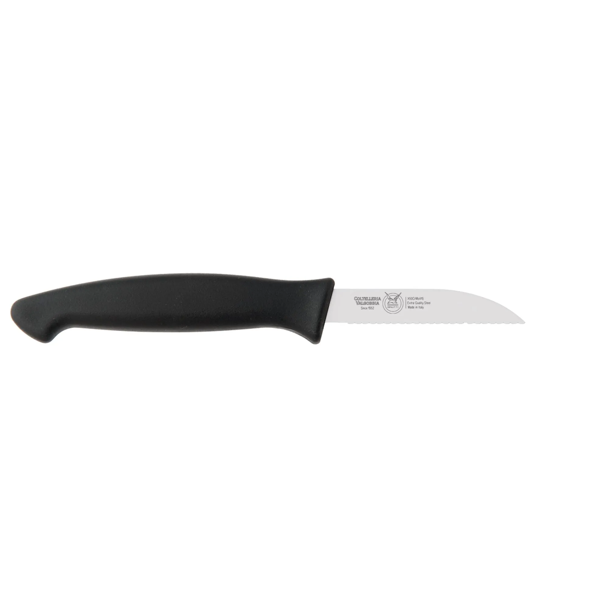 coltello cucina verdura retto seghettato cm 8, colore nero , manico in gomma termoplastica