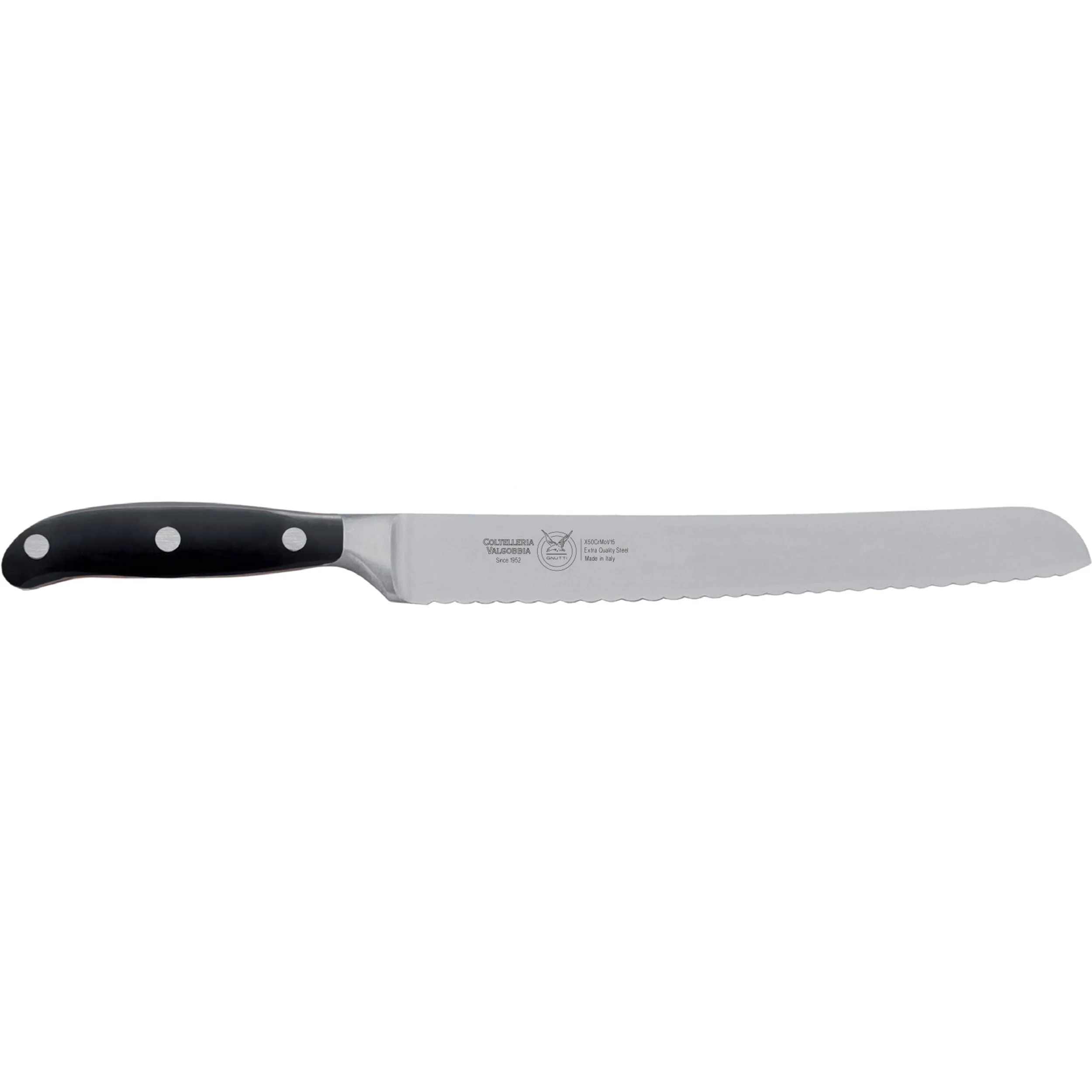 Coltello da pane lama forgiata seghettata in acciaio W.Nr.1.4116 cm 23 Forgiato manico nero , Manico in Resina Acetalica e rivetti inox