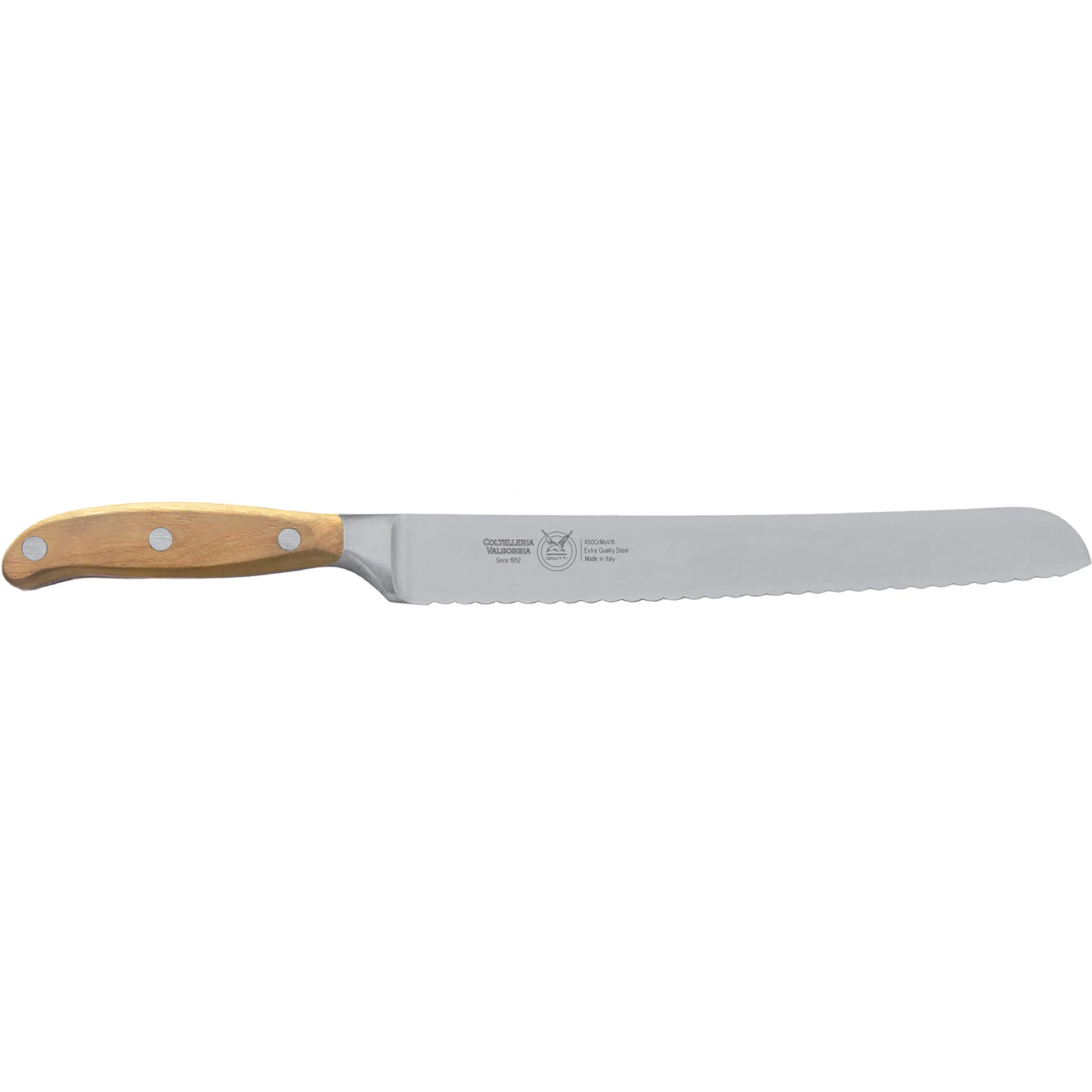 Coltello da pane lama forgiata seghettata in acciaio W.Nr.1.4116 cm 23 manico legno di Frassino , Manico in essenza legno di Frassino