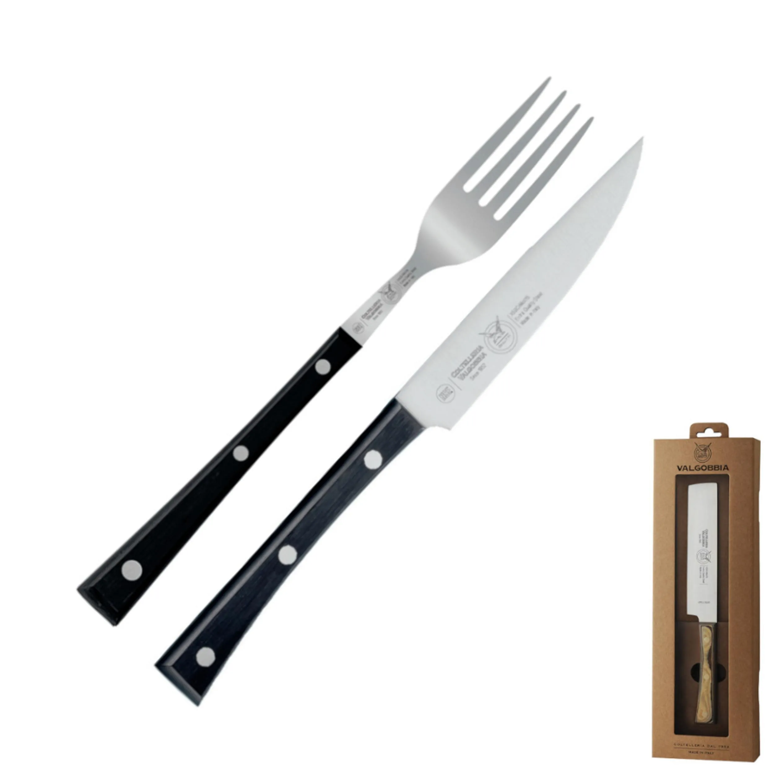 Set Bistecca due pezzi con coltello Stretto affilato cm 13 cm e forchetta colore nocciola, manico in paperstone perfetto per carni e bistecche di spessore