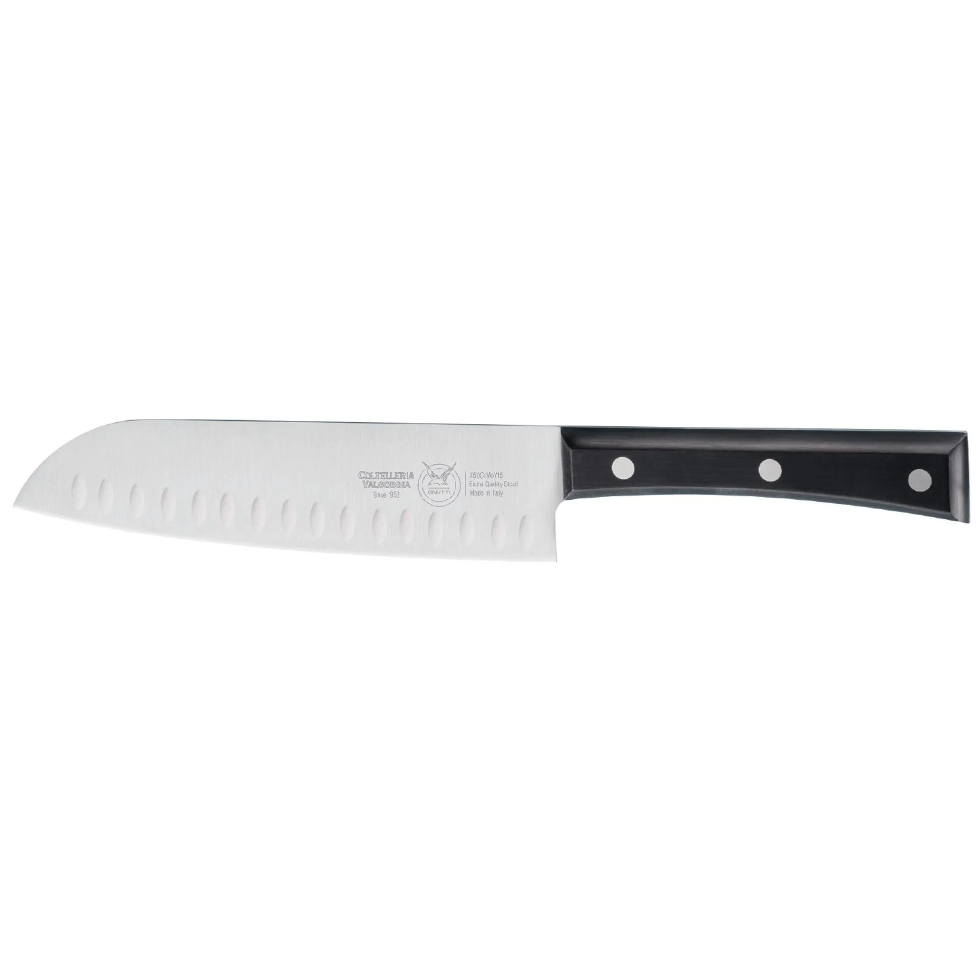 coltello santoku olivato cm 18, colore nero, manico in resina acetalica nera