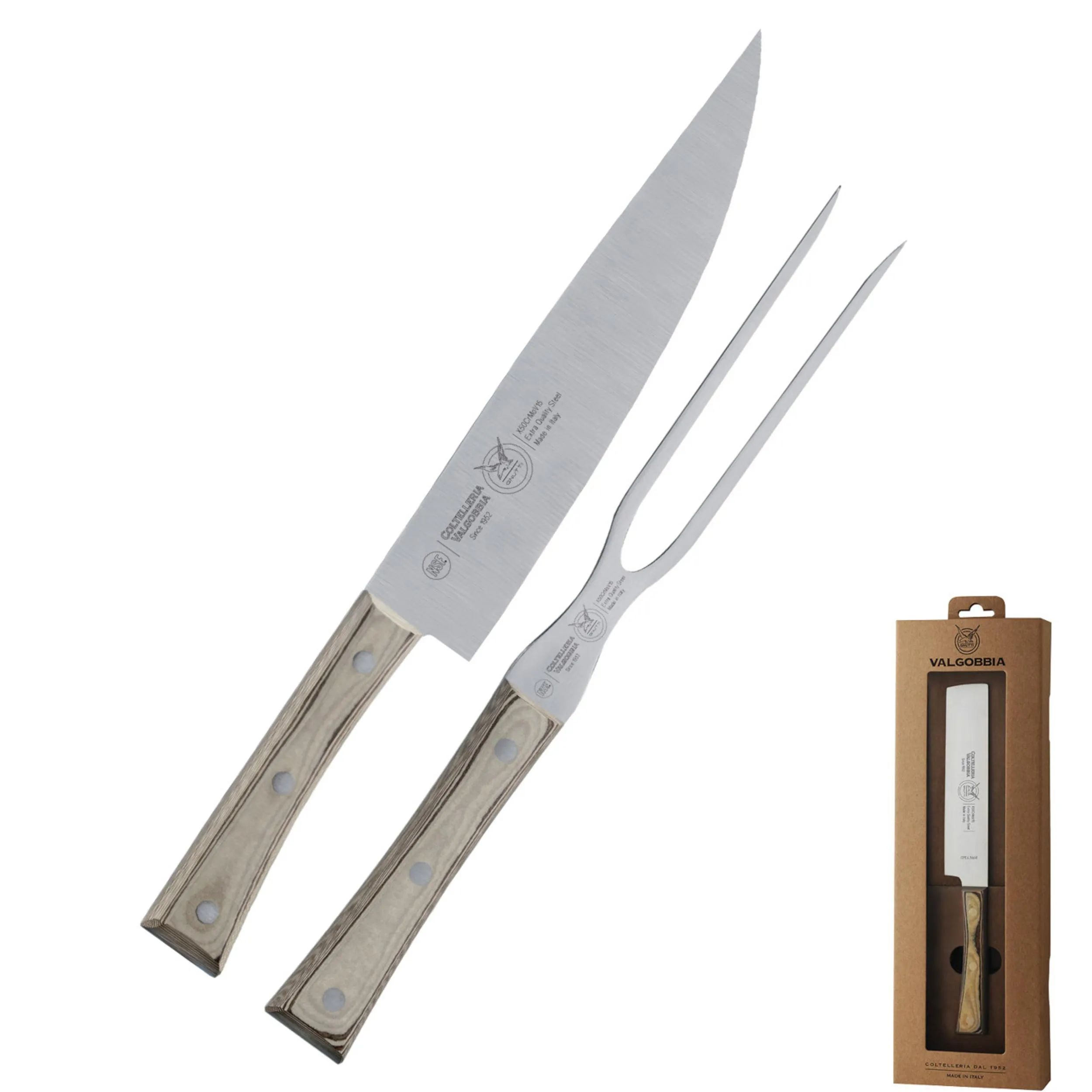 Set Arrosto due pezzi con coltello e forchettone 16 cm colore nocciola, manico in paperstone perfetto per carni e infilzare arrosti e carni