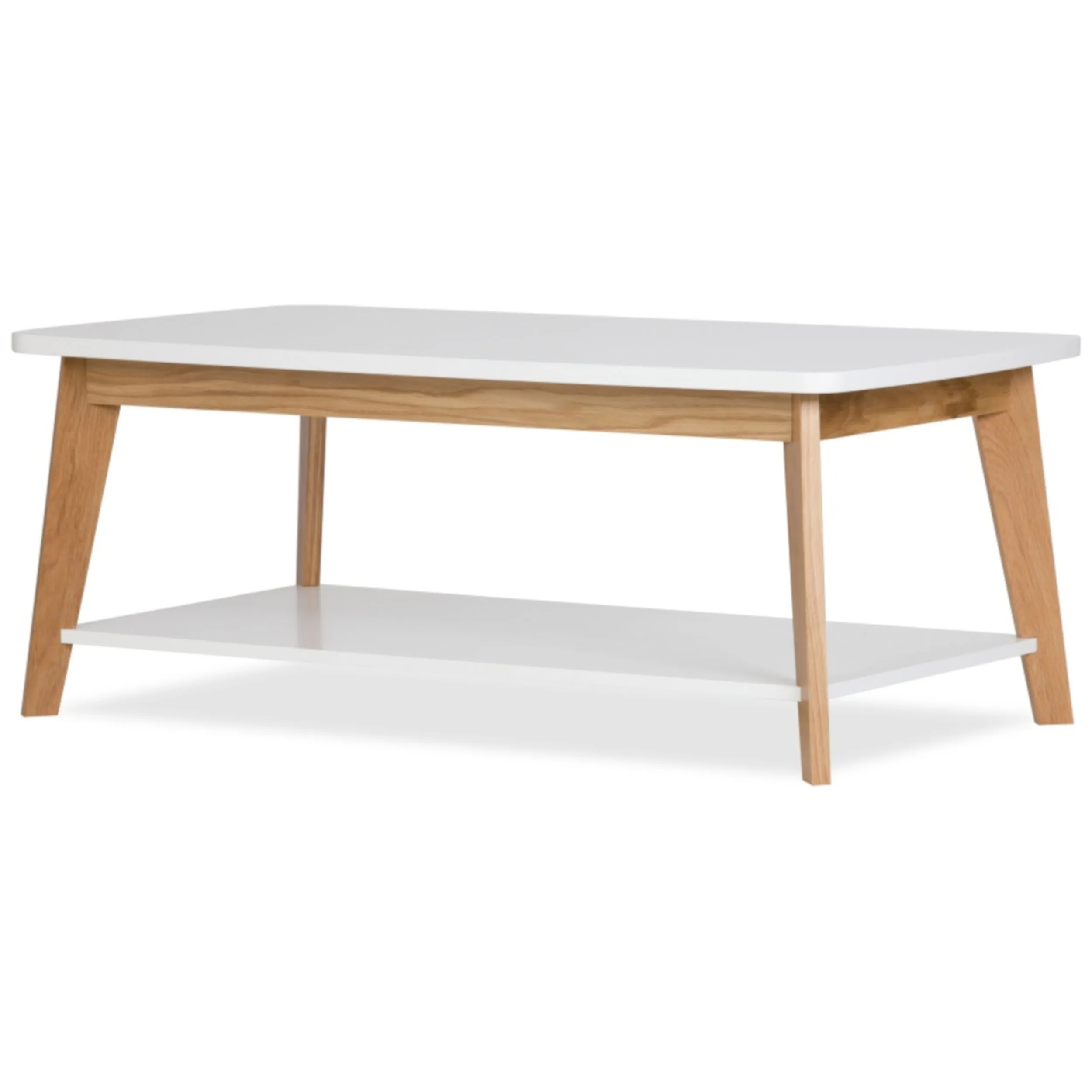 Tavolino Kensal Nordic 450 in legno ingegnerizzato e massiccio, dimensioni 115 x 65 x h45 cm, peso 23 Kg, finitura bianco, rovere