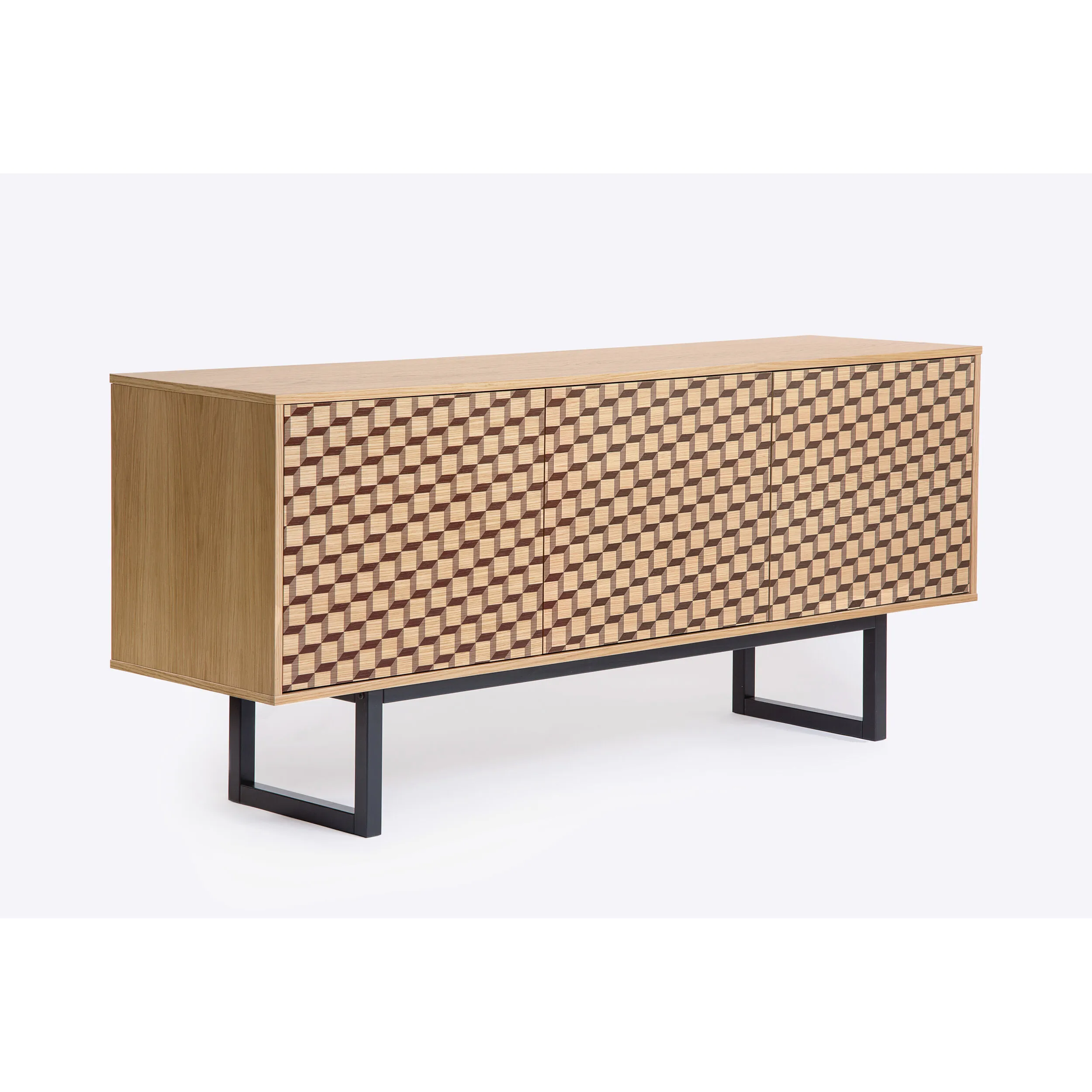 credenza Camden Stampa cubo in legno ingegnerizzato e massiccio, dimensioni 175 x 45 x h75 cm, peso 48 Kg, finitura legno di quercia, nero