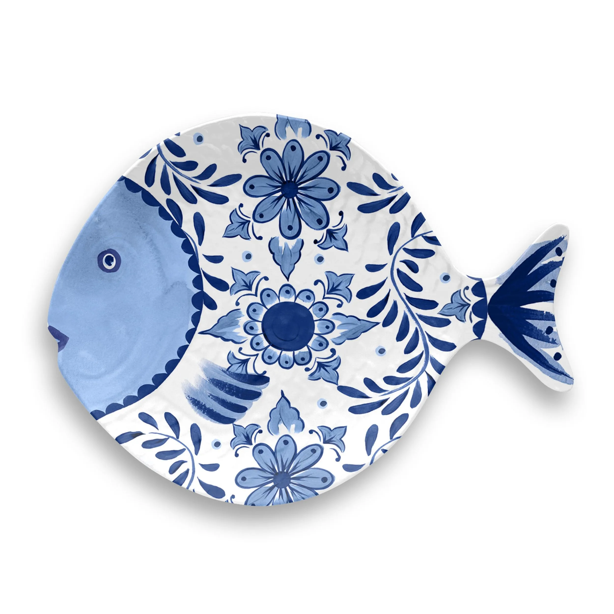 Vassoio pesce in melamina Santorini BIG 46x14xh2.5 cm certificato per l'uso alimentare colore bianco blu