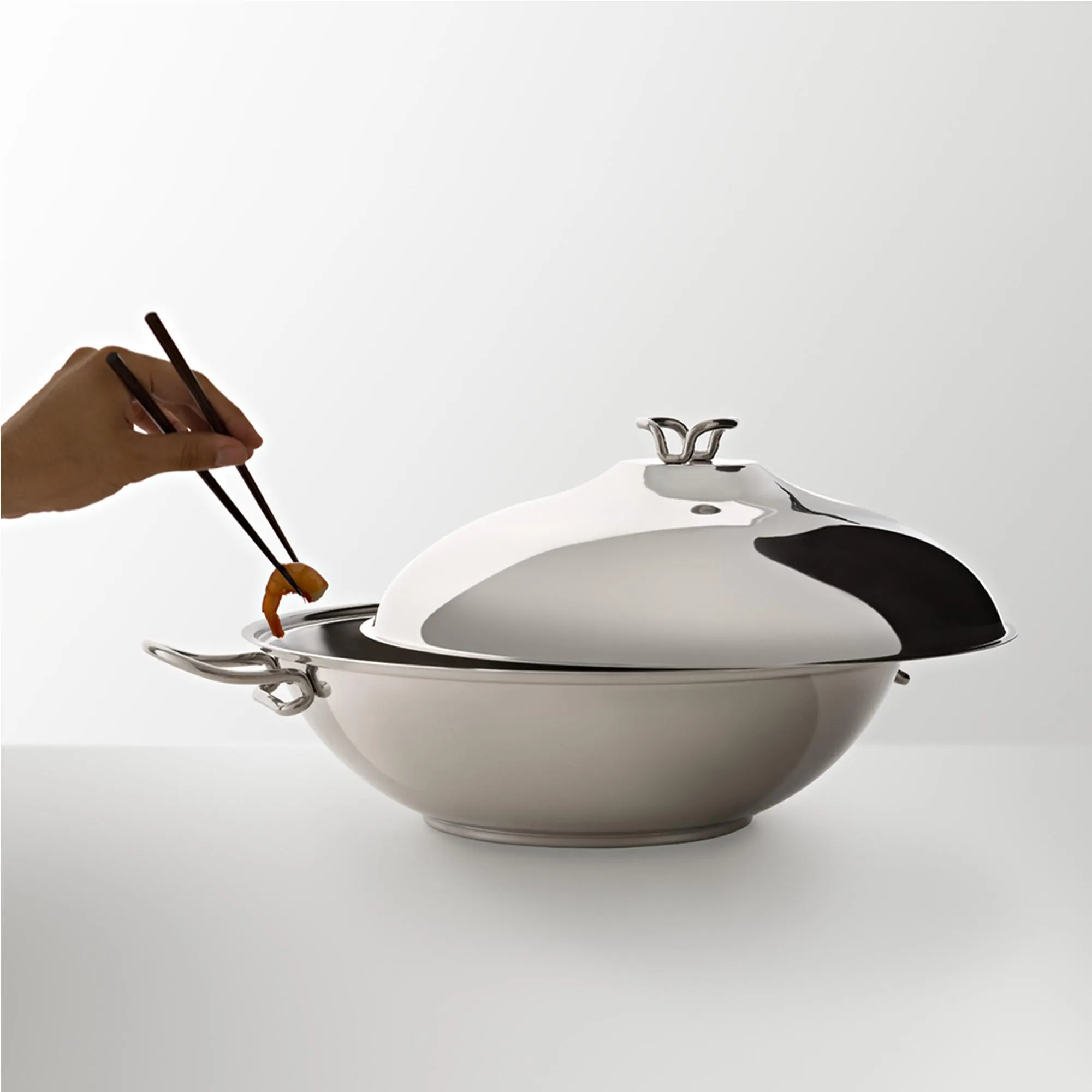 Wok tre pezzi con coperchio in Acciaio Triplo fondo KAREN Ø38xh11,00, design Tarcisio Zani made in Italy