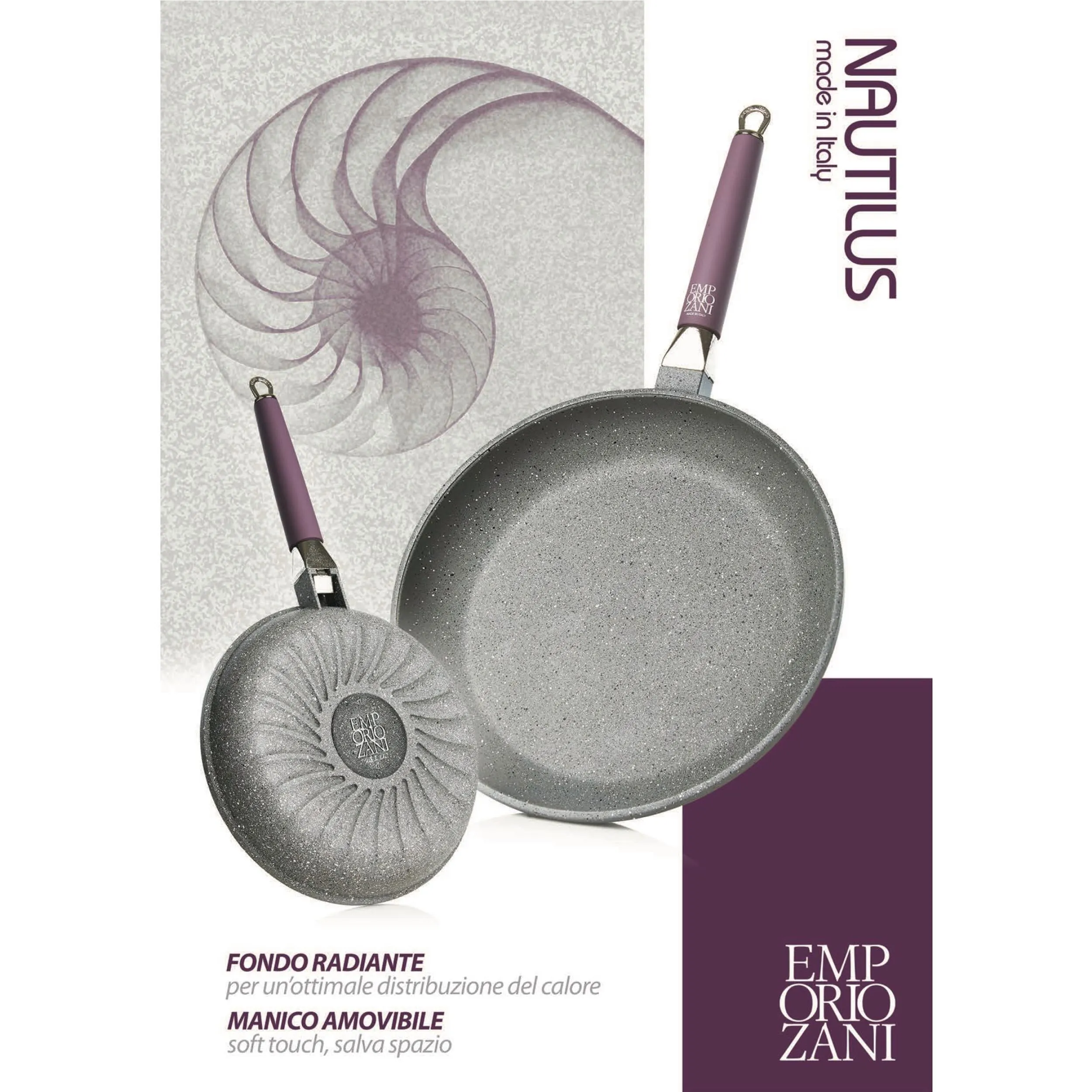 Set 3 padelle in alluminio pressofuso con manico removibile 20-24-32 cm Nautilus rivestimento antiaderente