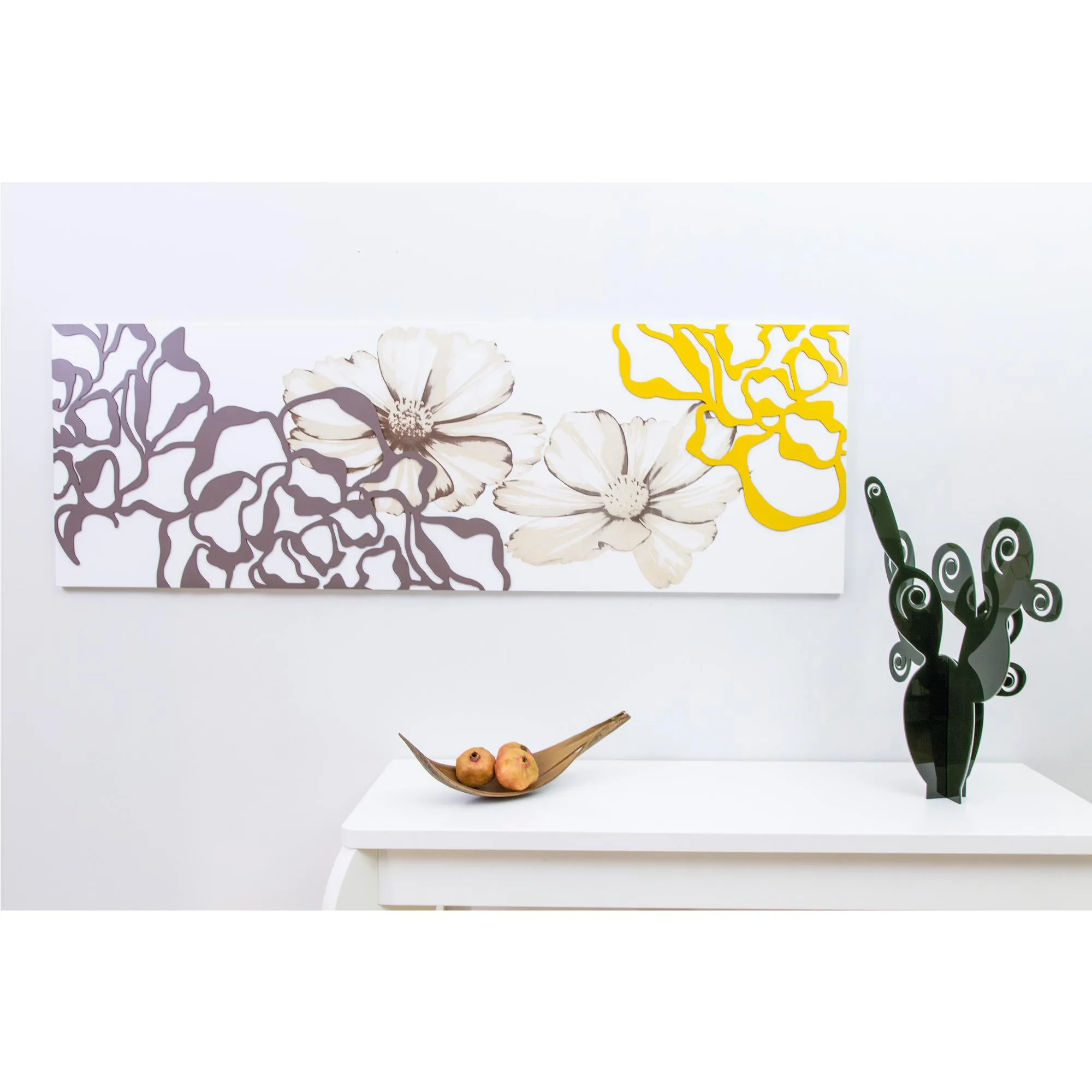 Pannello da parete, quadro da parete PEONIA 150xh50cm orizzontale pannello colore bianco intarsi e marcatura in legno