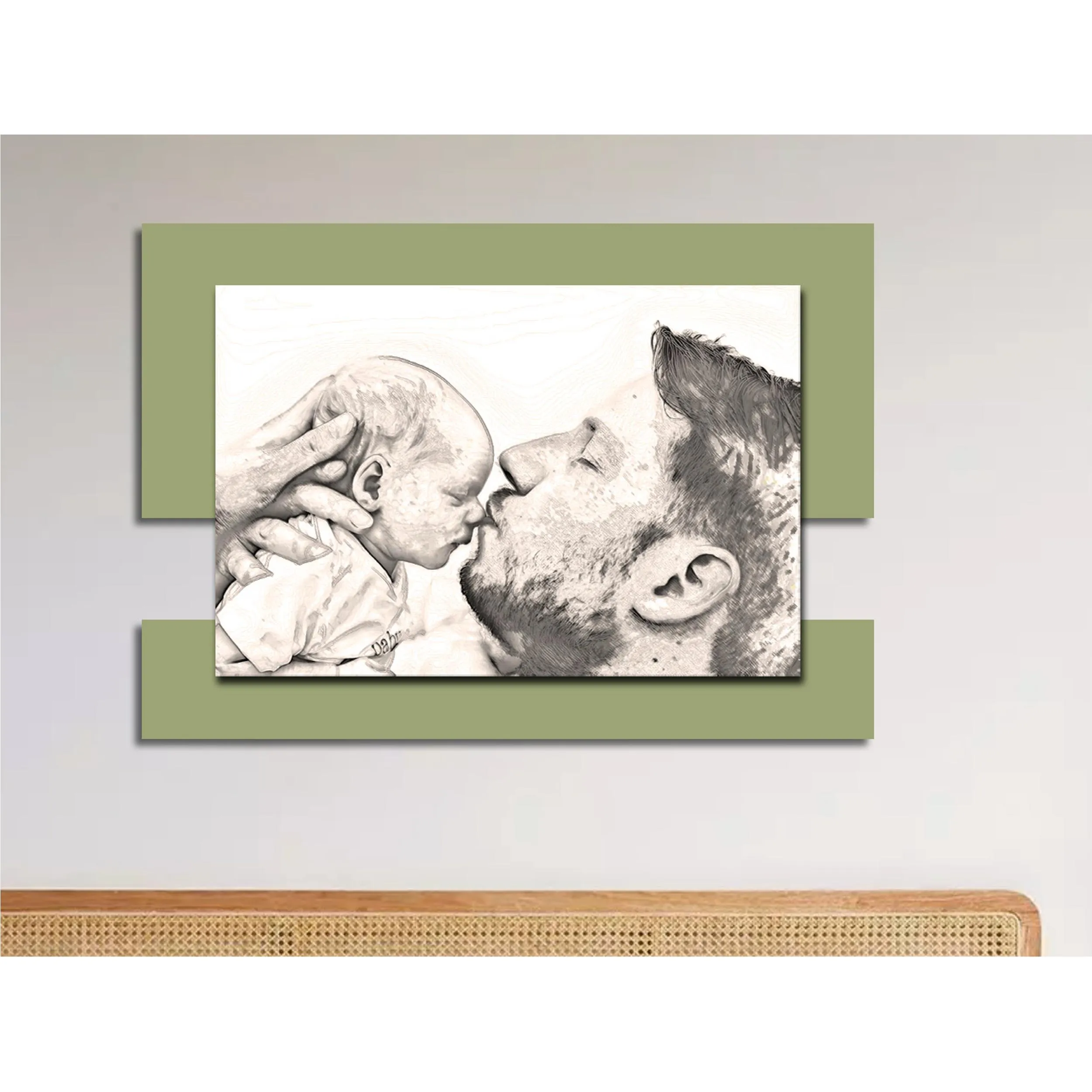 Quadro sacro DADDY decoro in legno taglio laser Padre con Bambino 110x80xh5 cm colore fondo verde salvia