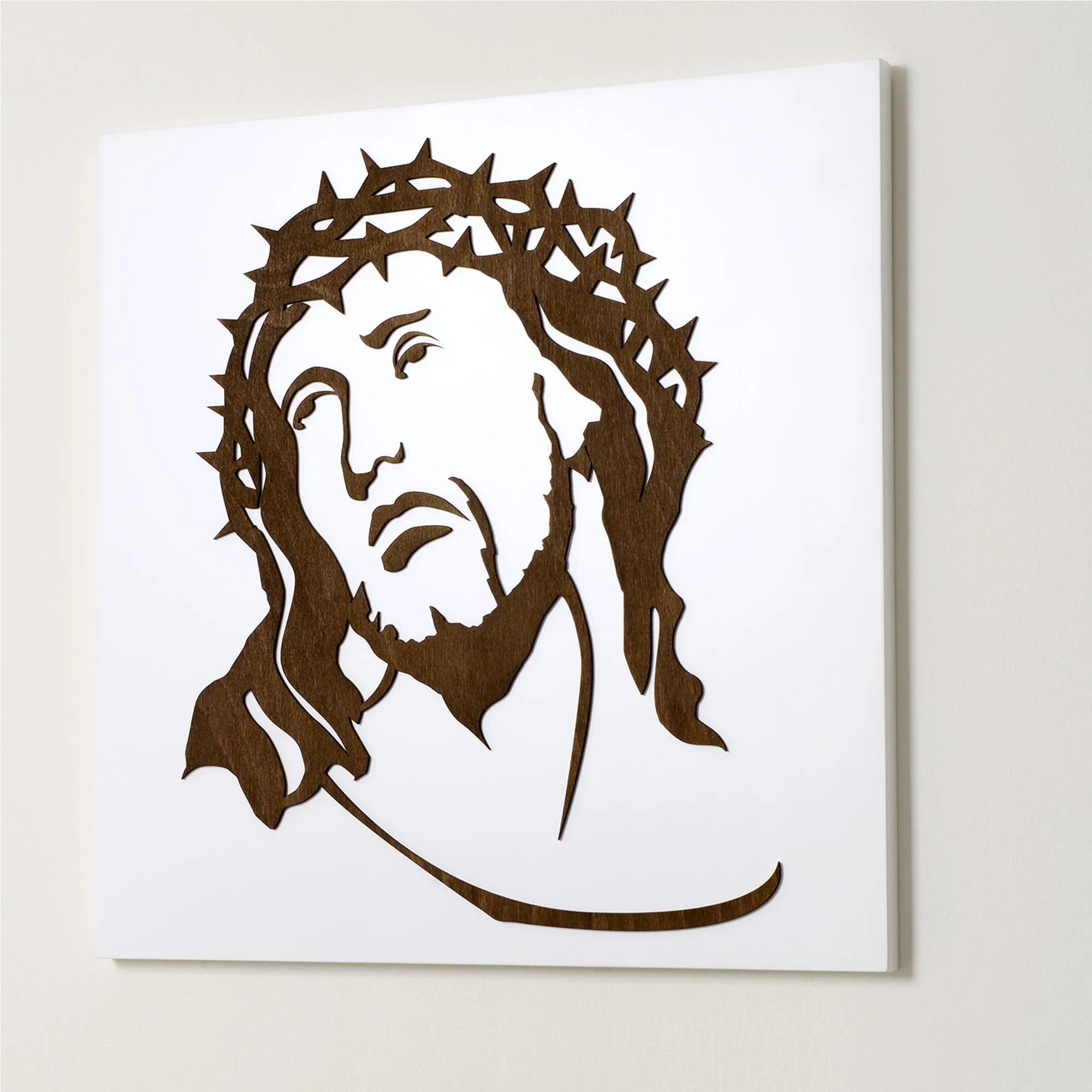 Quadro sacro Volto di Cristo decoro in legno taglio laser 50x50xh1,5 cm colore bianco wengè