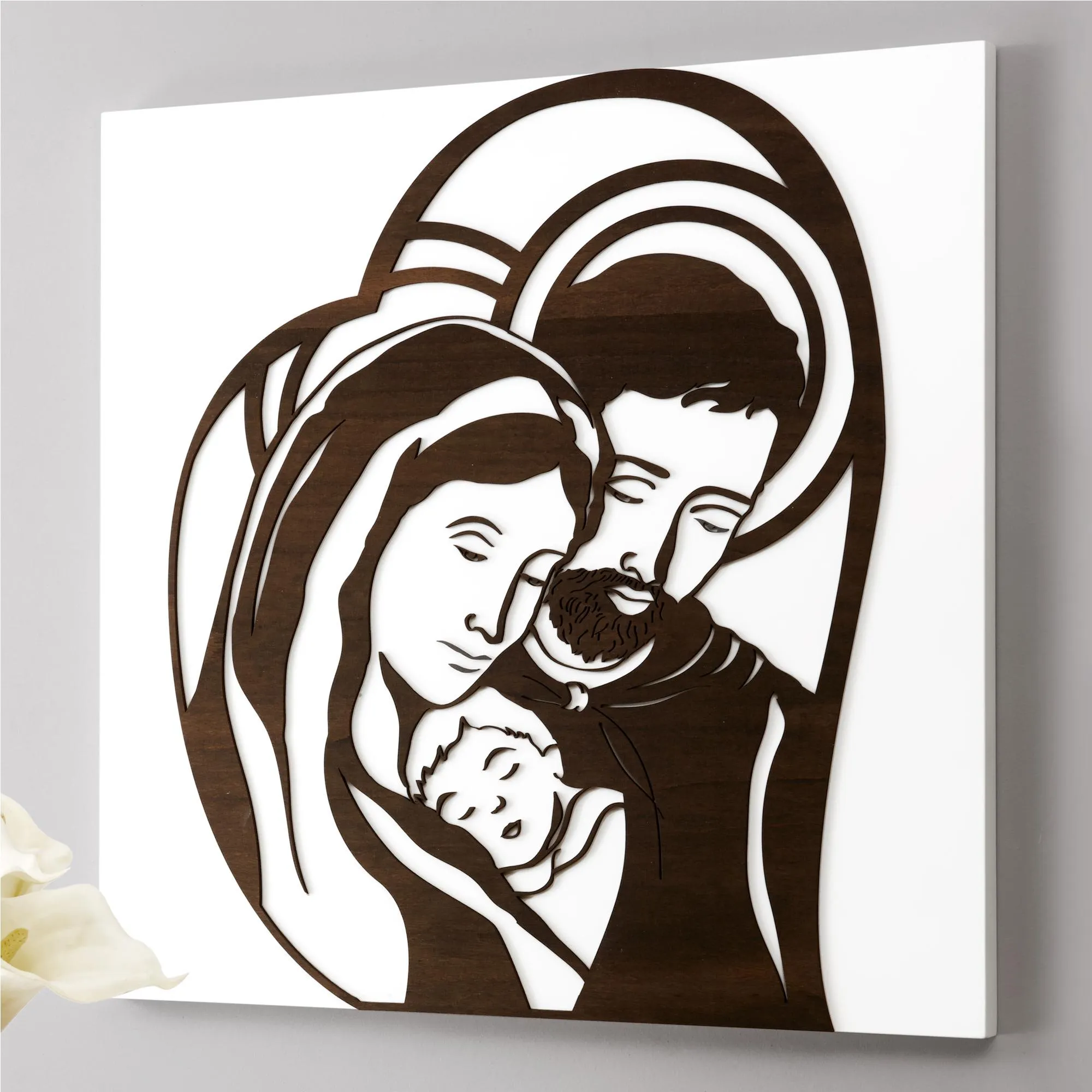 Quadro sacro Famiglia San Giuseppe decoro in legno taglio laser 56x55xh5 cm colore bianco wengè