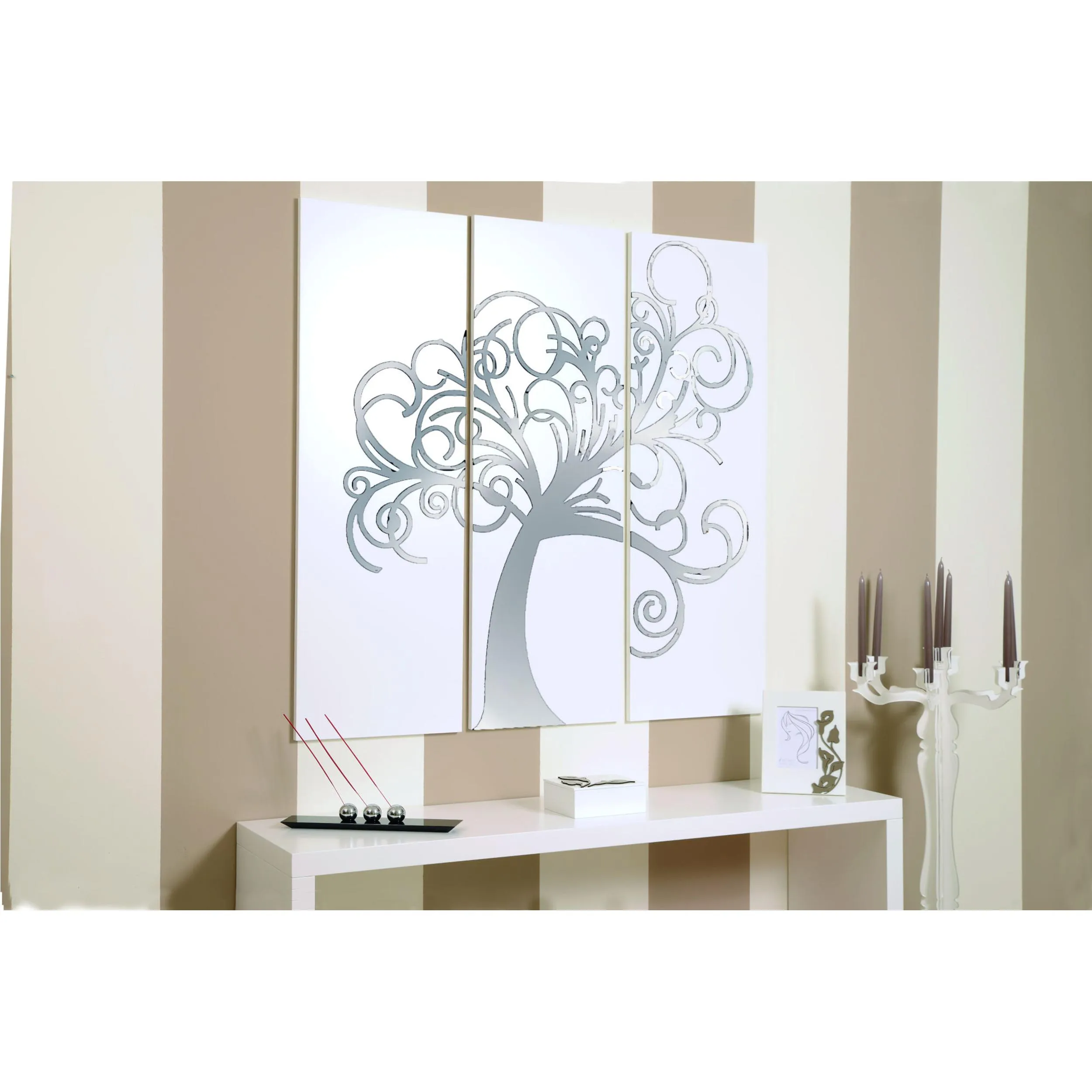 Pannelli da parete tris L'albero della vita 120xh120cm in legno colore bianco con intarsi in plexiglass a Specchio