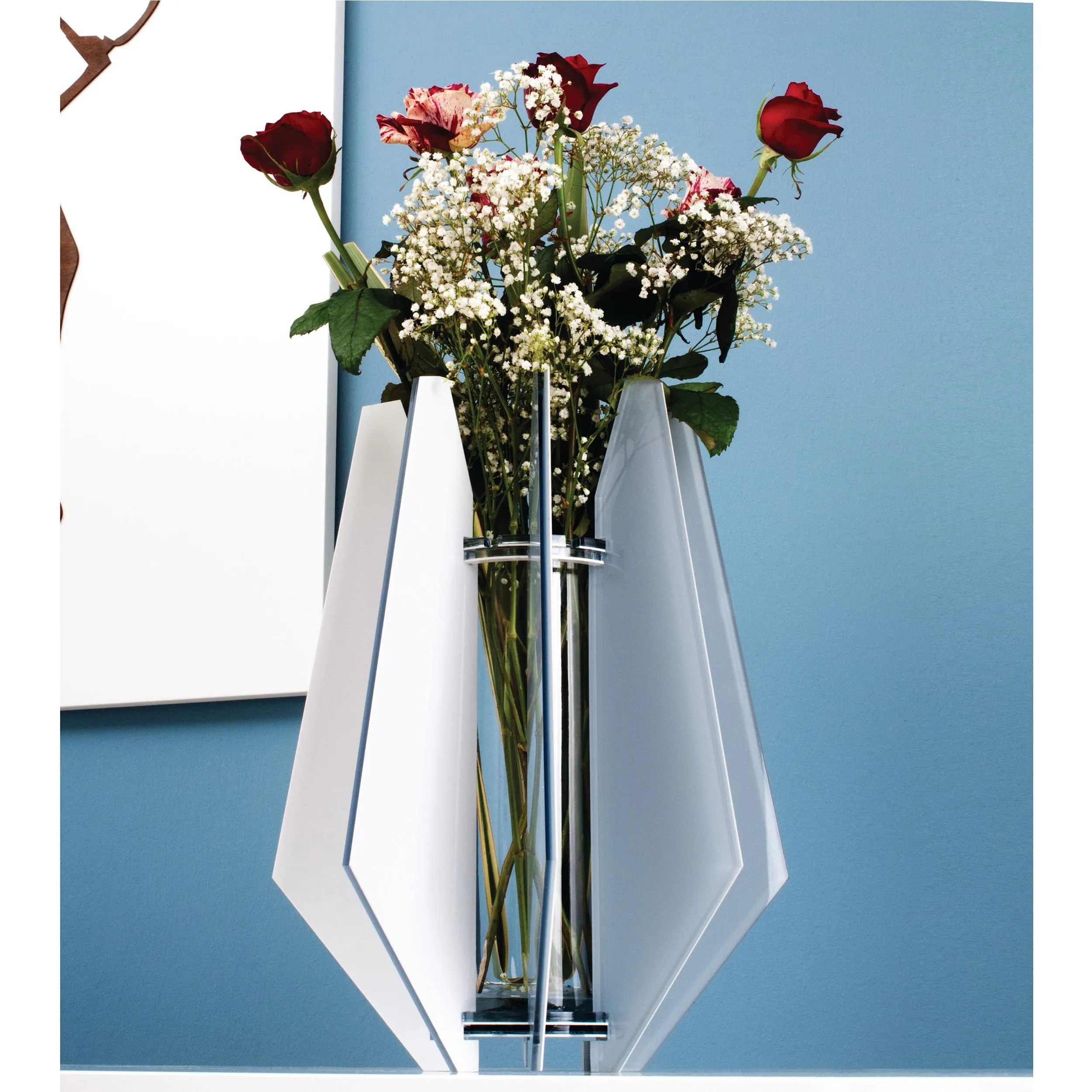 Vaso d'arredo, portafiori in crystalplex DIAMANTE 32xh45cm- con vaso interno in vetro colore bianco