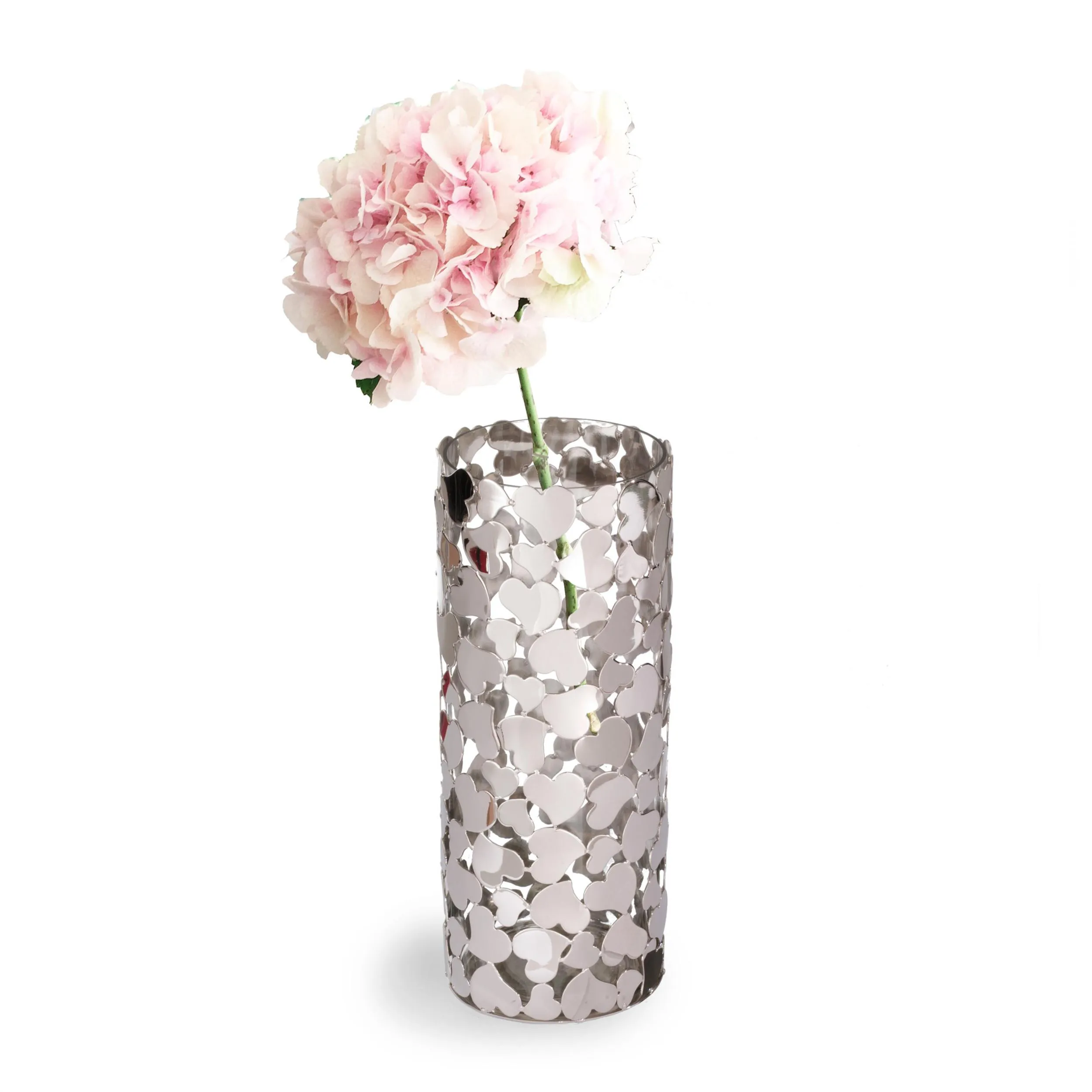 Vaso fiori in metallo argentato Cuori misura piccola diametro Ø11x26 cm Vaso Cuori tondo in metallo verniciato colore argento