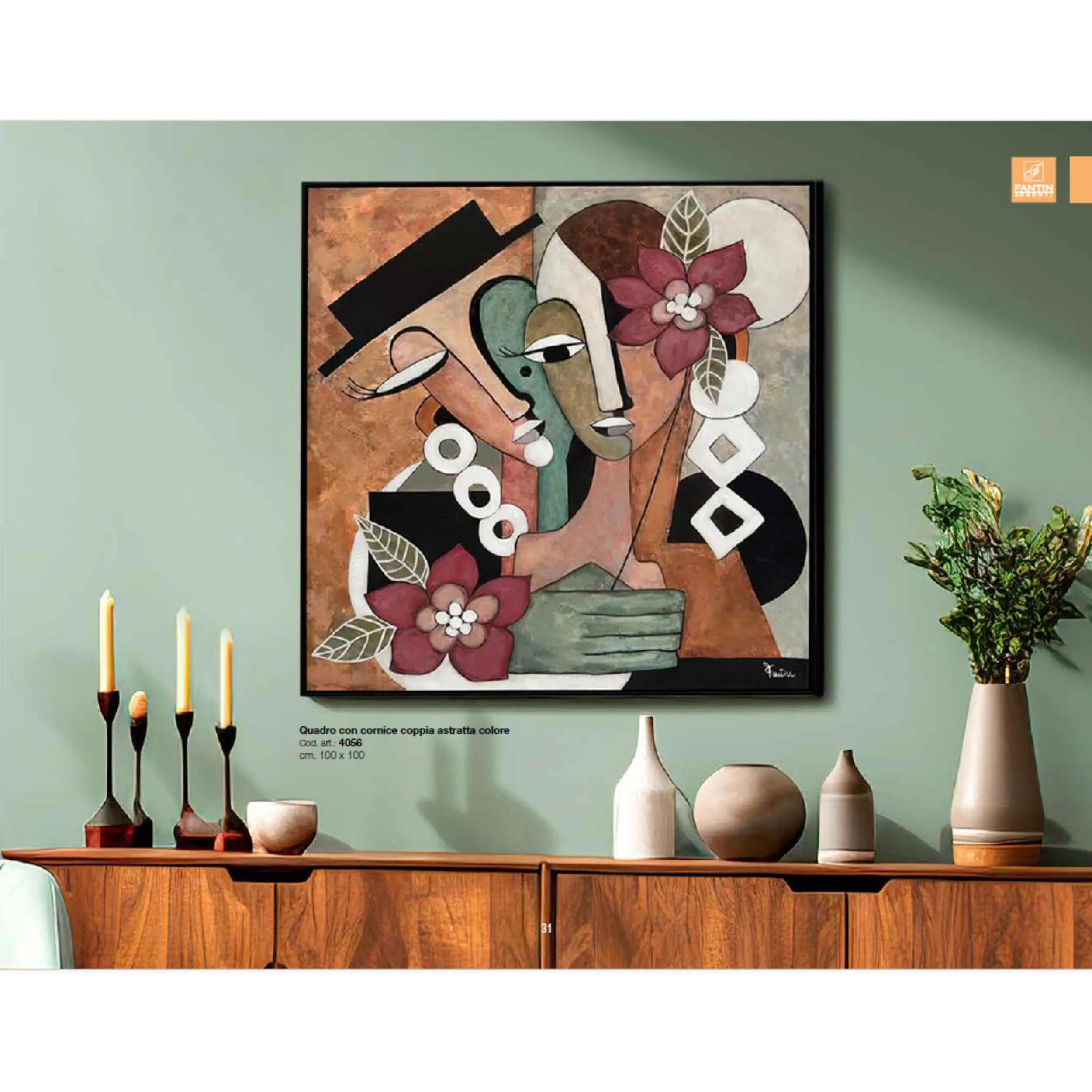 Quadro con cornice da parete, COPPIA ASTRATTA COLORE 100x100x1,6 cm pannello in legno colore con colori acrilici e tempera
