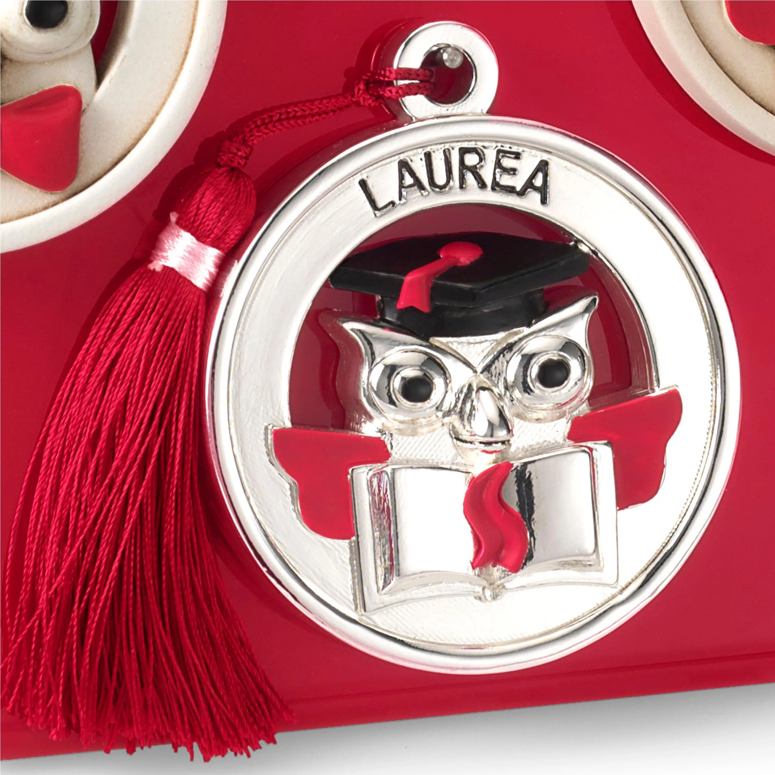 Medaglione Laurea gufo con libro in resina Argentata particolari rossi Ø 8,5 cm in scatola regalo , bomboniera