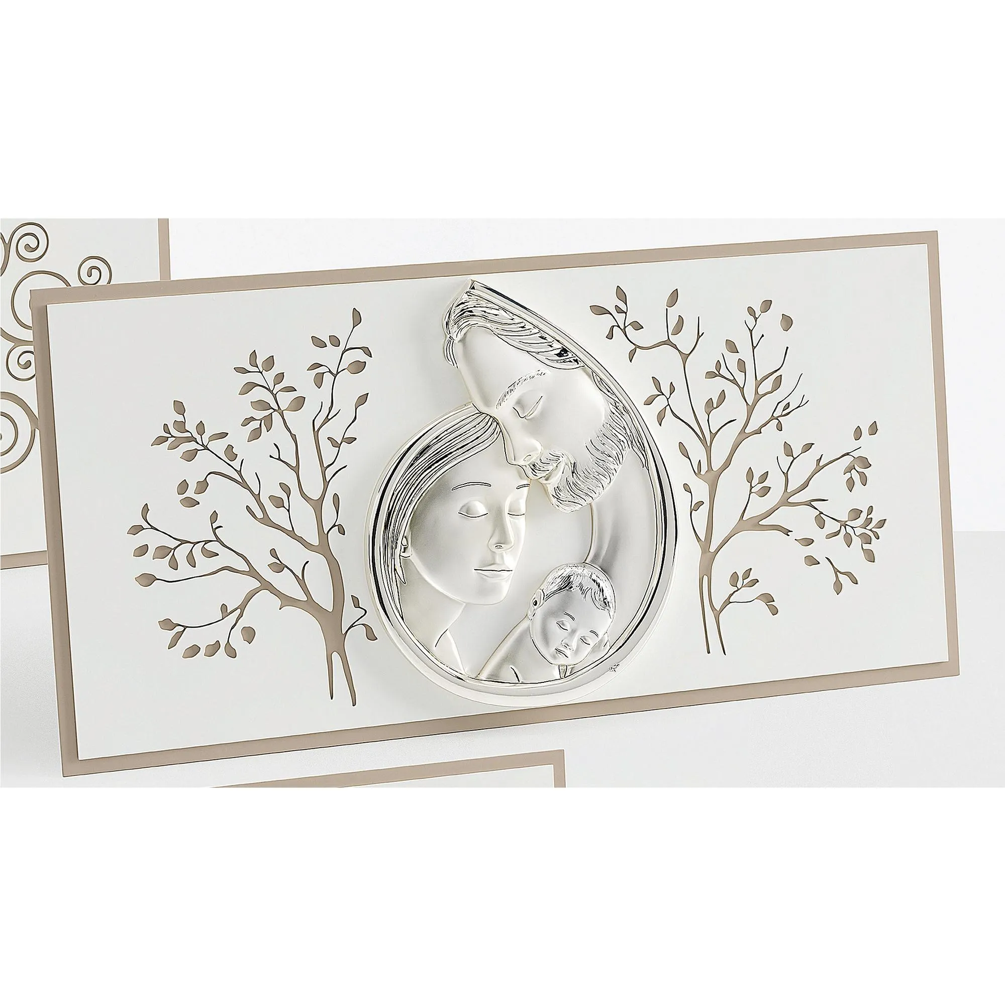 Capoletto, Quadro Sacra Famiglia base in legno ed immagine in argento, Foglie 80xh40 cm cm può essere appeso o appoggiato