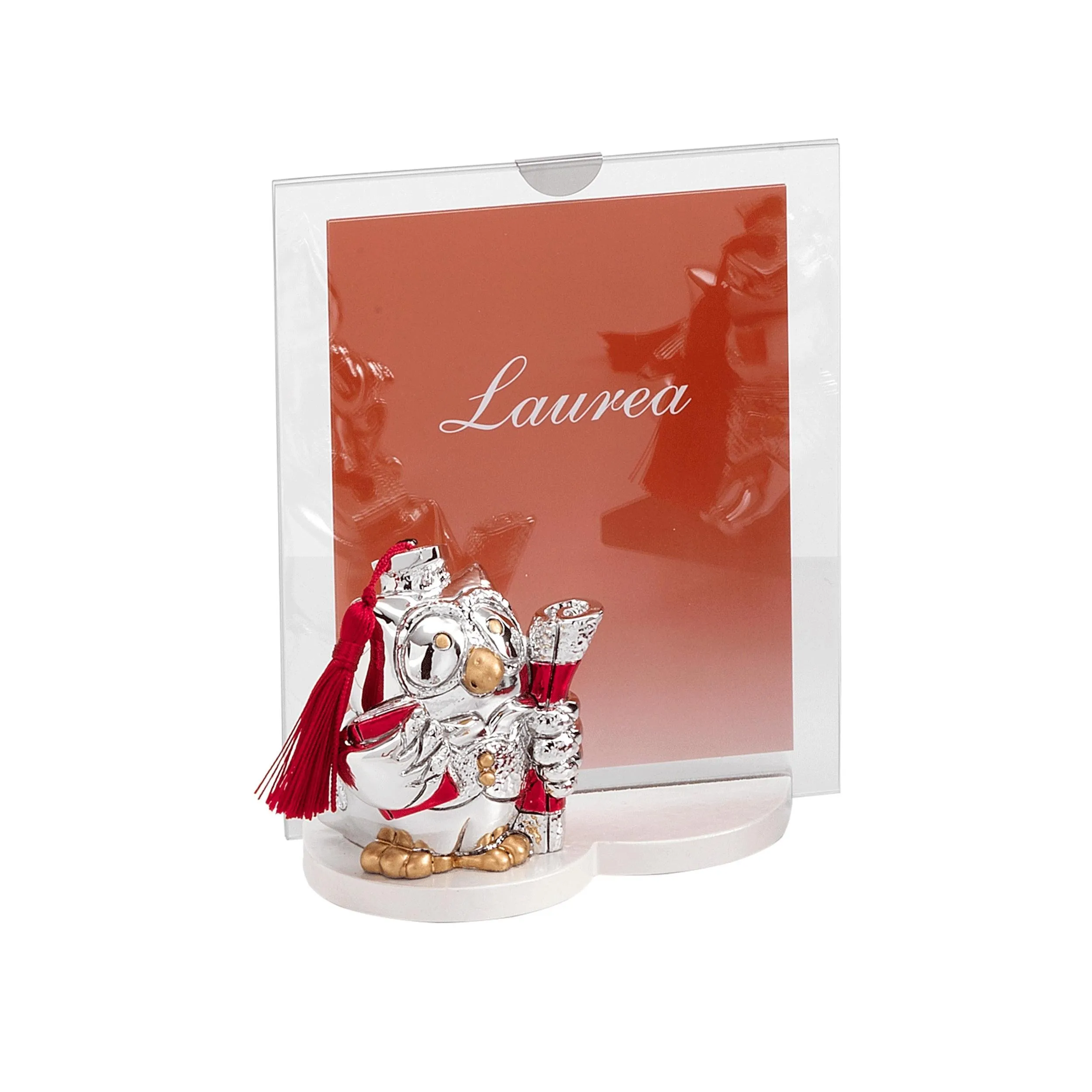 Porta foto Gufo Laurea Libro e Pergamena in resina particolari rossi 10xh15 cm in scatola regalo , bomboniera
