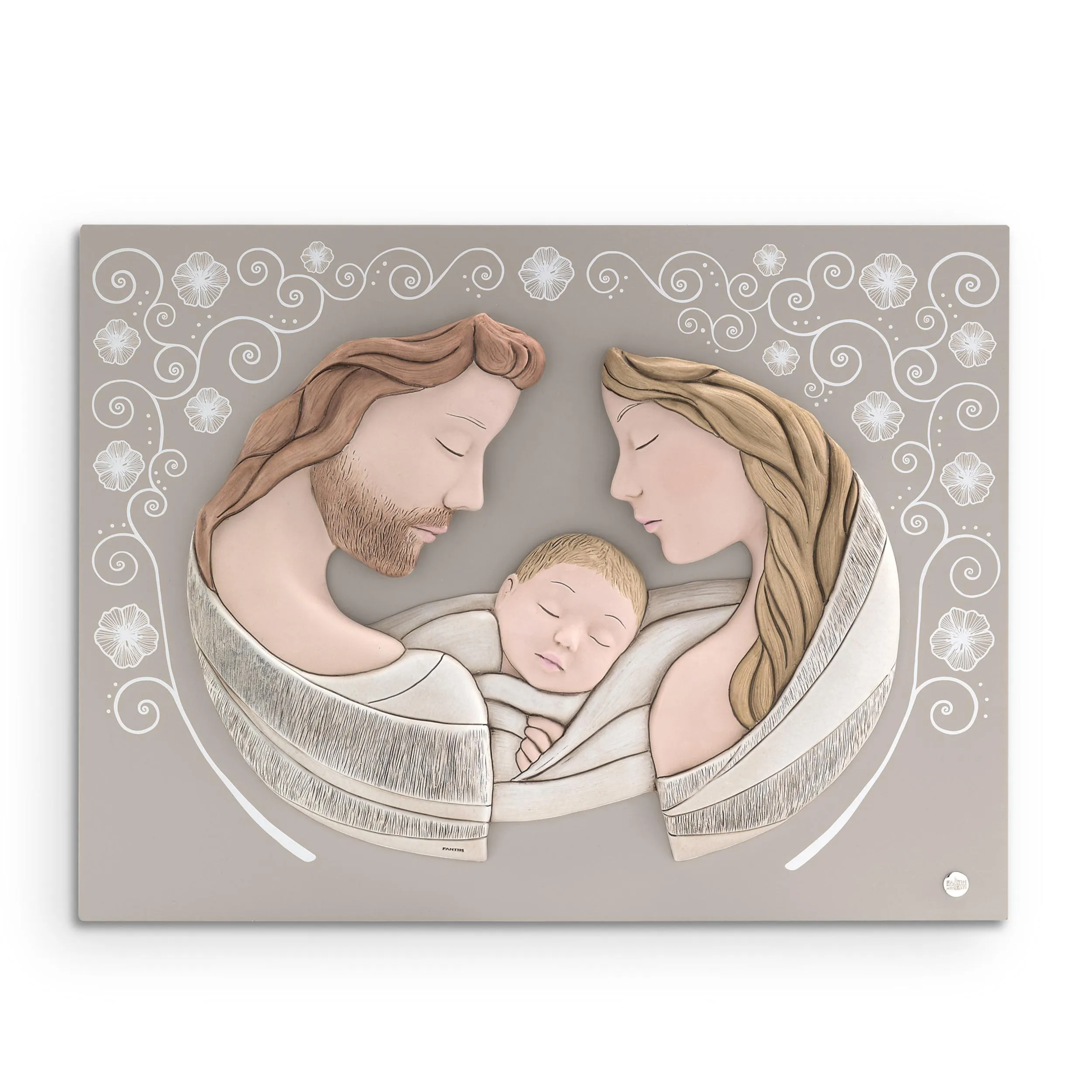 Capoletto, Quadro Sacra Famiglia base bicolor in legno 45xh34 ed immagine in resina colorato, può essere appeso o appoggiato