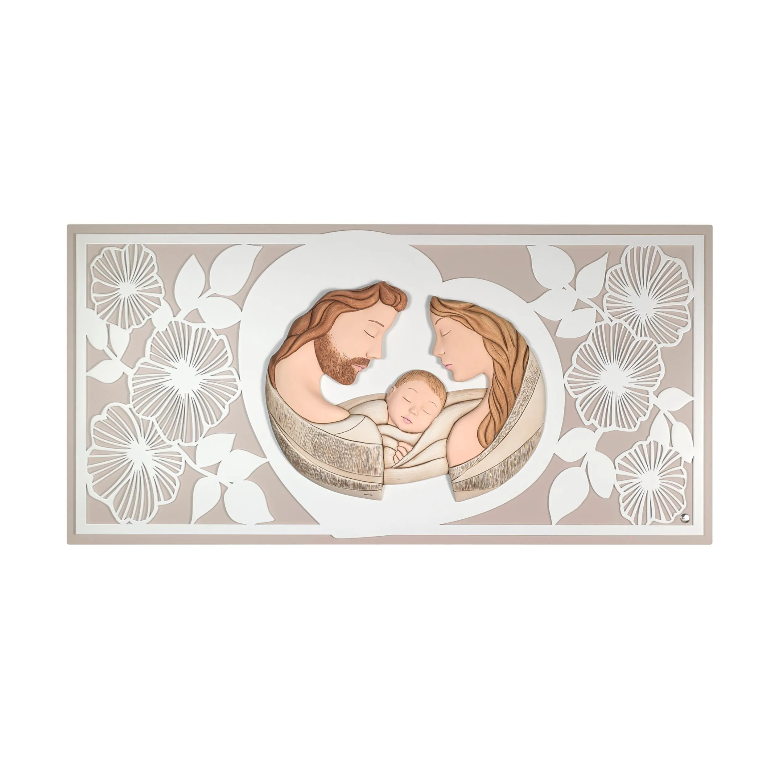 Capoletto, Quadro Sacra Famiglia base bianco in legno 80xh40 ed immagine in resina colorato bicolor, può essere appeso o appoggiato