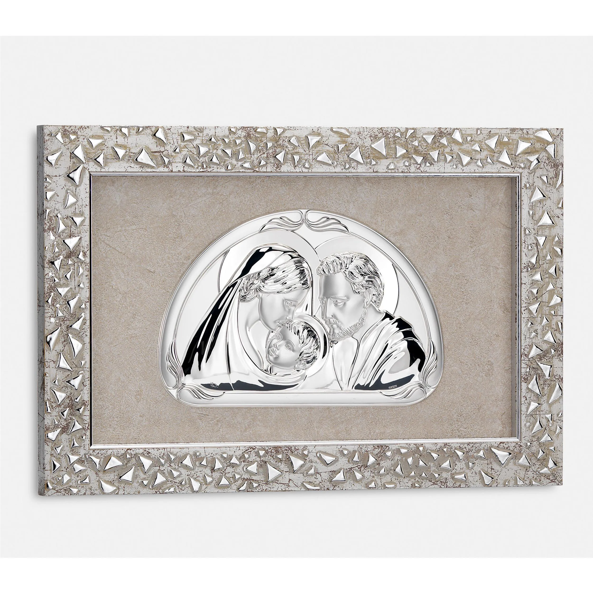 Sacra famiglia base in legno ed immagine in argento, Foglie argento 53,5xh46 cm può essere appeso o appoggiato