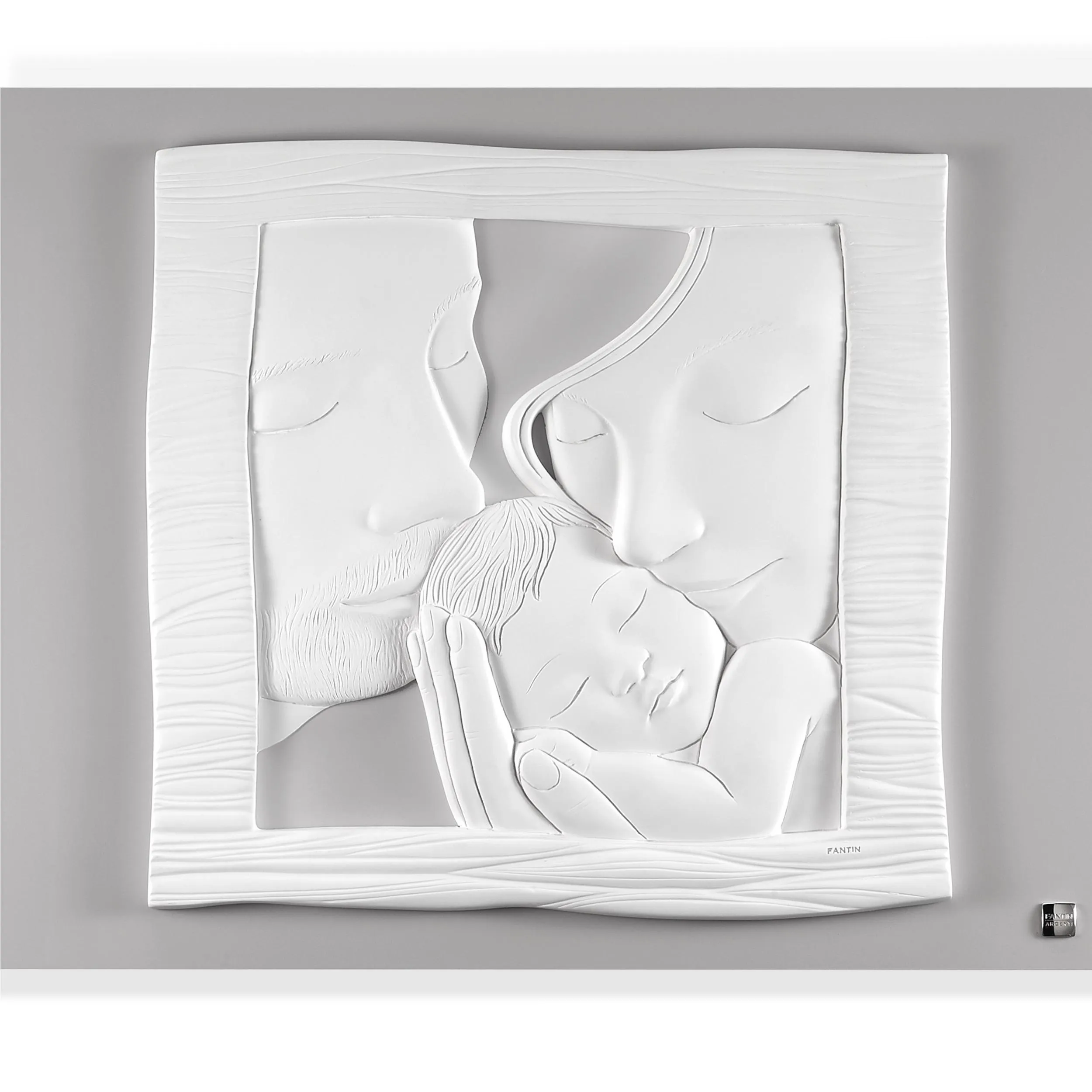 Quadro Sacra famiglia Bianco Luna con cornice bianca Medio 26x20 cm immagine in resina bianco luna può essere appeso o appoggiato