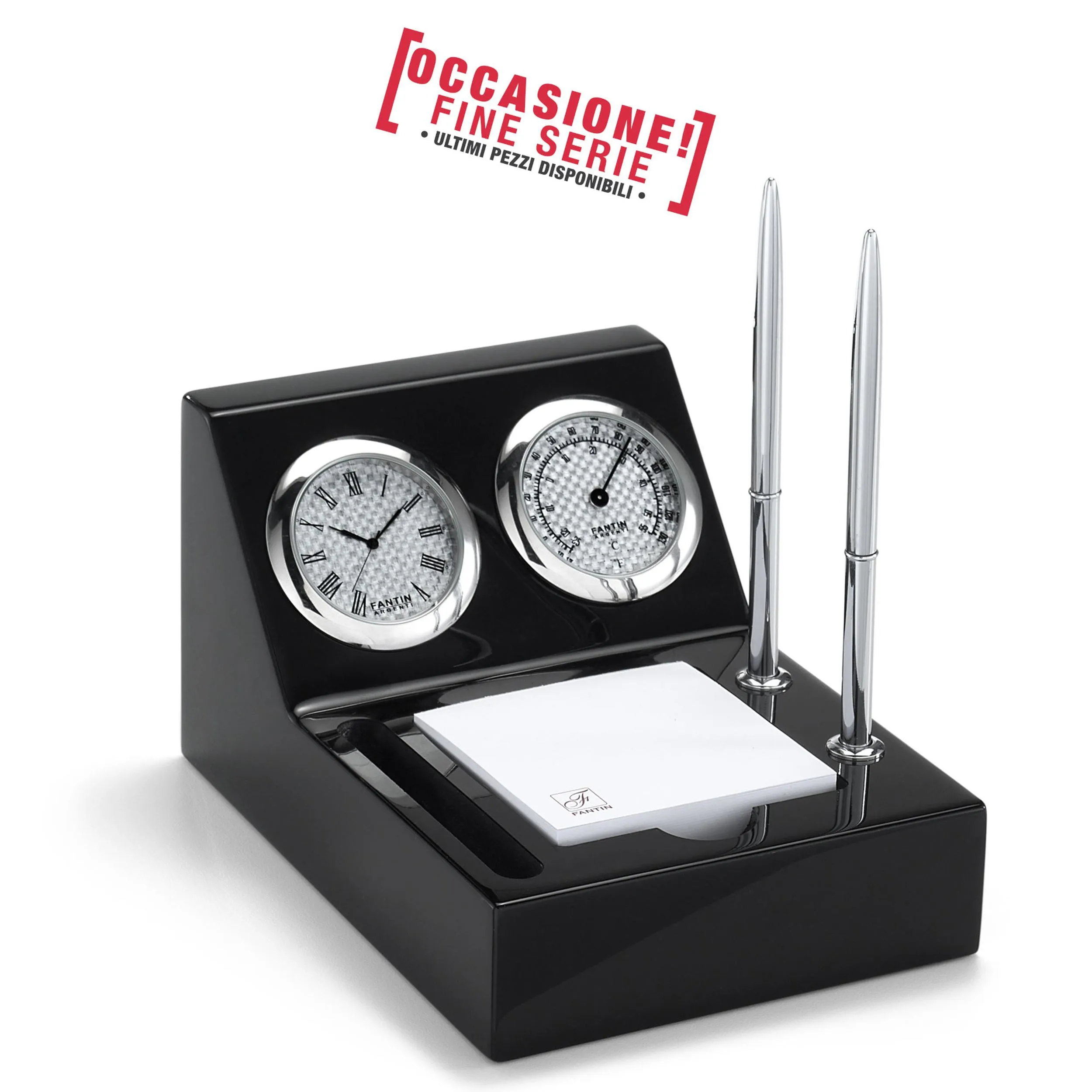 Orologio set appunti a due penne e Termometro Dimensioni 13x16x h 10 cm in legno e metallo in confezione regalo