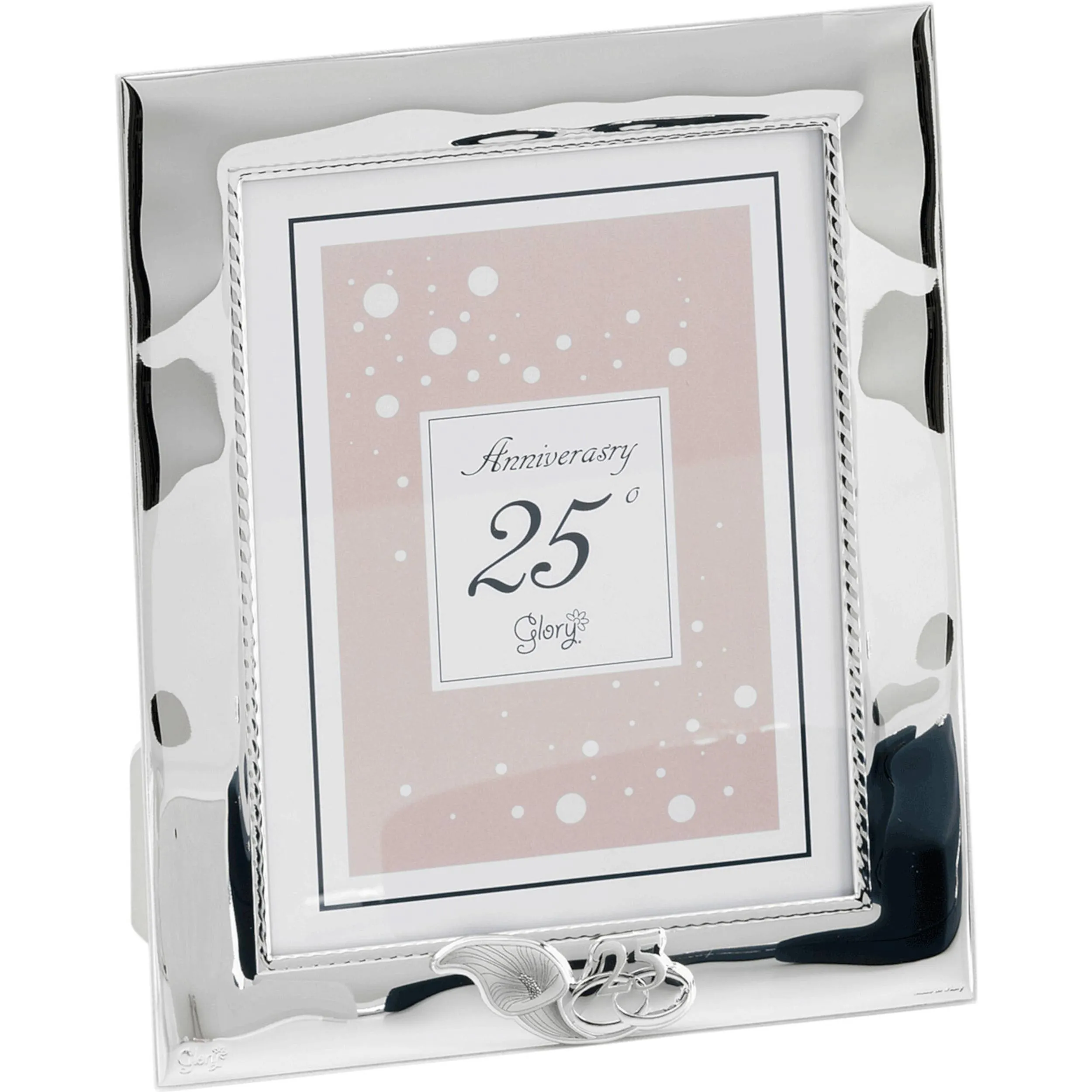 Portafoto rettangolare 25 anni anniversario Bianco cordoncino 18X23 PER FOTO 15x20 cm PVD decoro calla