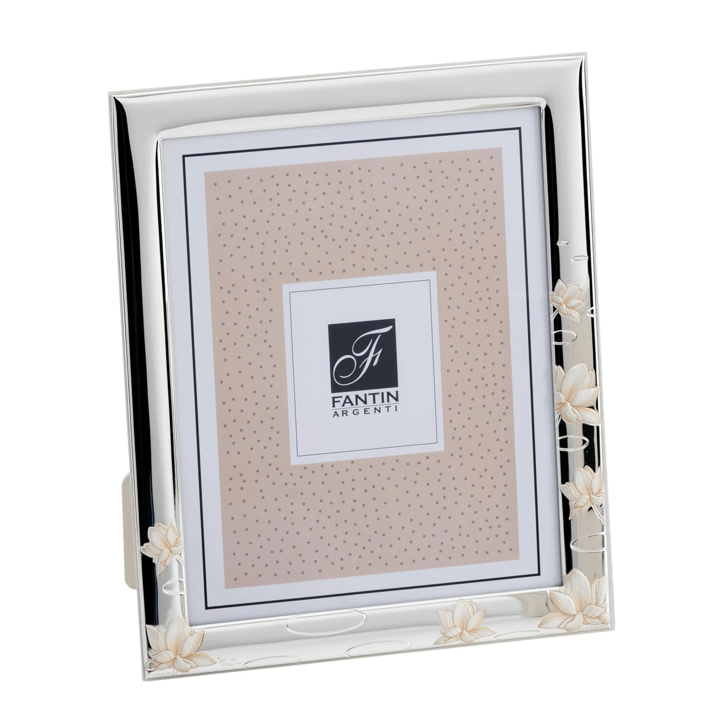 Portafoto da appoggio con cornice design Fior di Loto 15x20 PER FOTO 10x15 cm uso verticale e orizzontale in lastra di argento