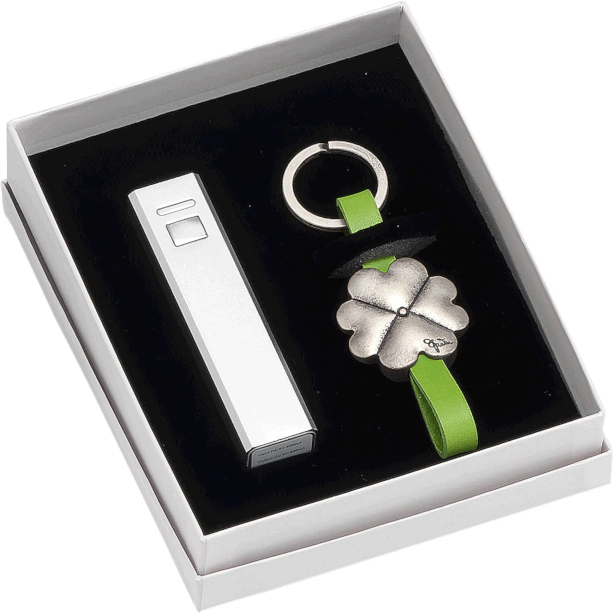 Power Bank 2600 mAh colore Bianco con portachiavi argento Quadrifoglio con manuale 3xh9 cm in scatola regalo , bomboniera