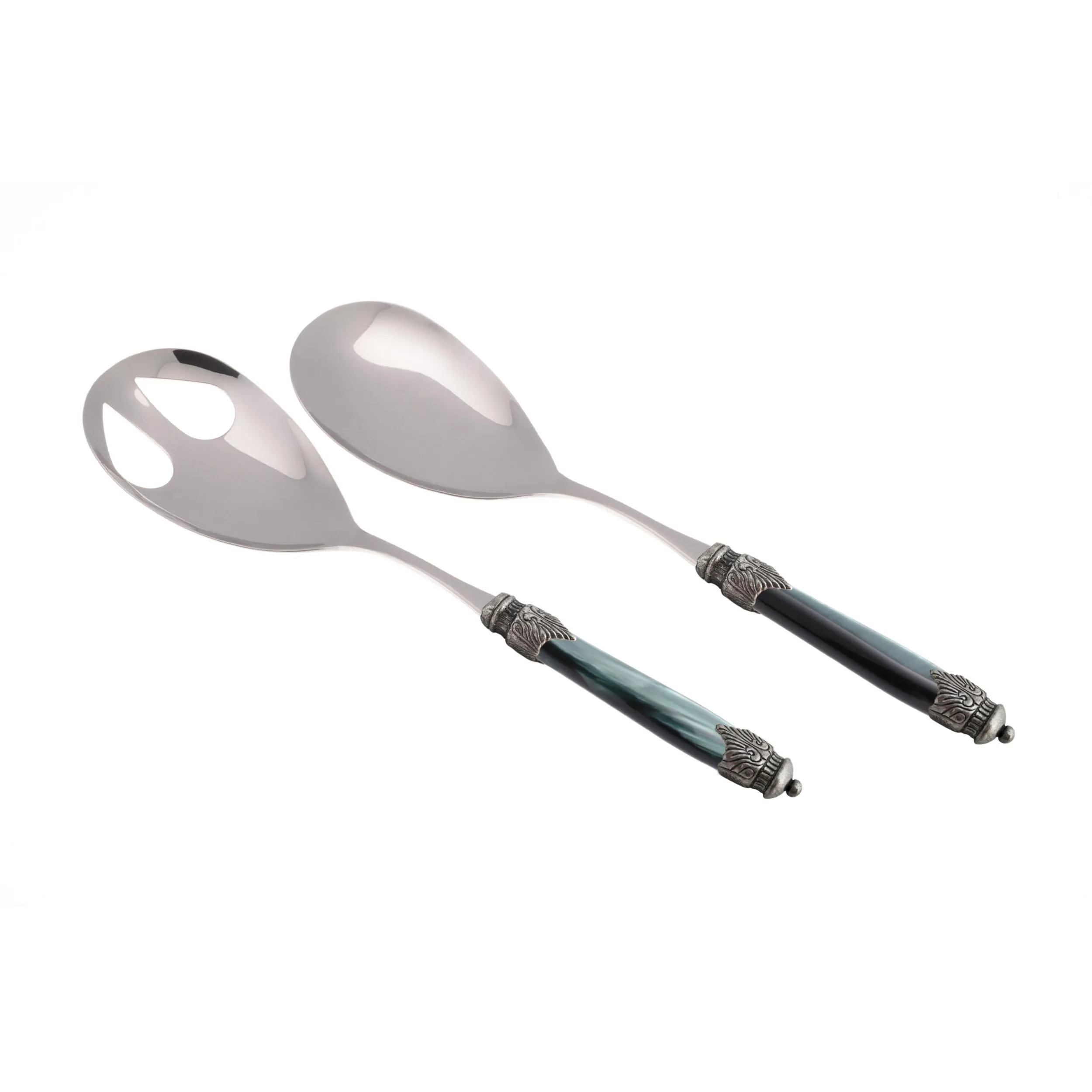 Coppia Insalata set da 2 pezzi Arianna in acciaio inox 18/10 manico in PMMA effetto madreperlato ghiera anticata 2,5 mm colore verde